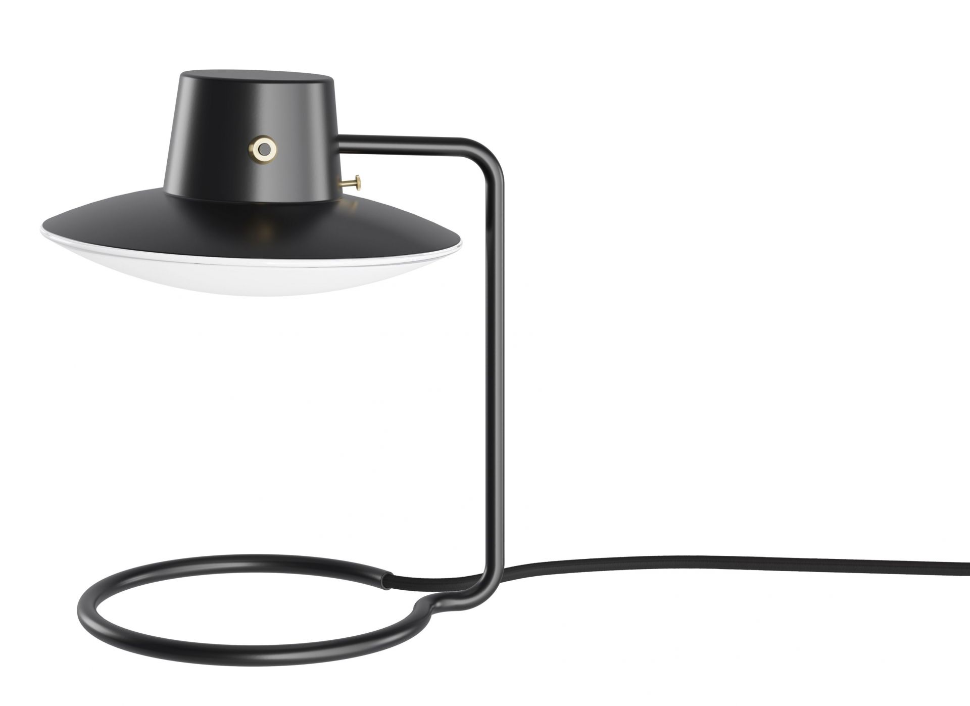 AJ Oxford Tischleuchte von Louis Poulsen, schwarzes Metallgestell und Opalglas Schirm. Design Lampe.