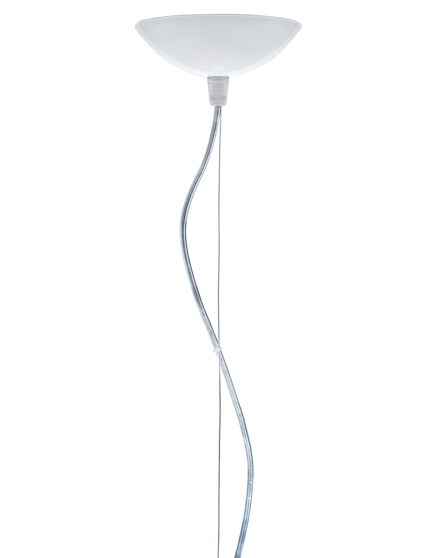 Weiße Big Fly Pendelleuchte von Kartell, moderne Hängelampe mit transparentem Kabel für stilvolle Innenbeleuchtung.