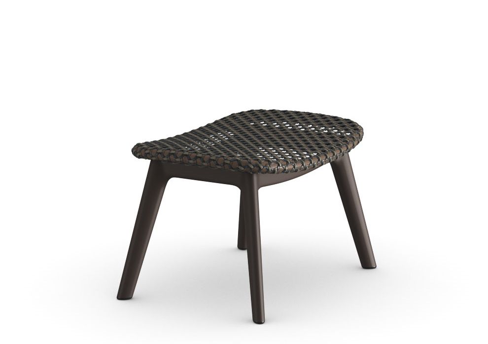 Mbrace Hocker von Dedon mit braunem Sitzkissen aus geflochtenem Material und Aluminium Gestell.