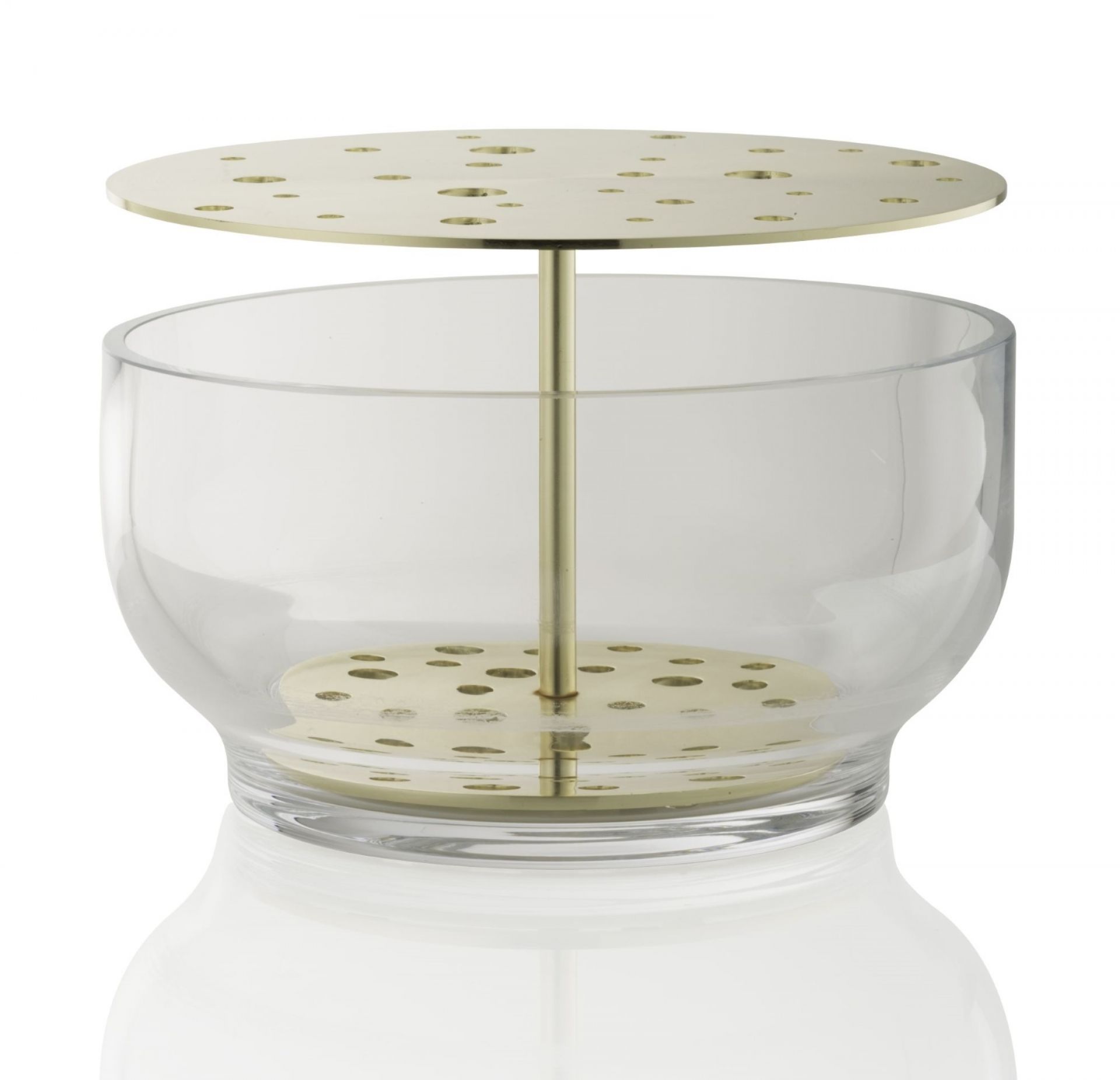 Ikebana Vase groß von Fritz Hansen: Klare Glasvase mit goldenem Blumenigel für japanische Blumenkunst.