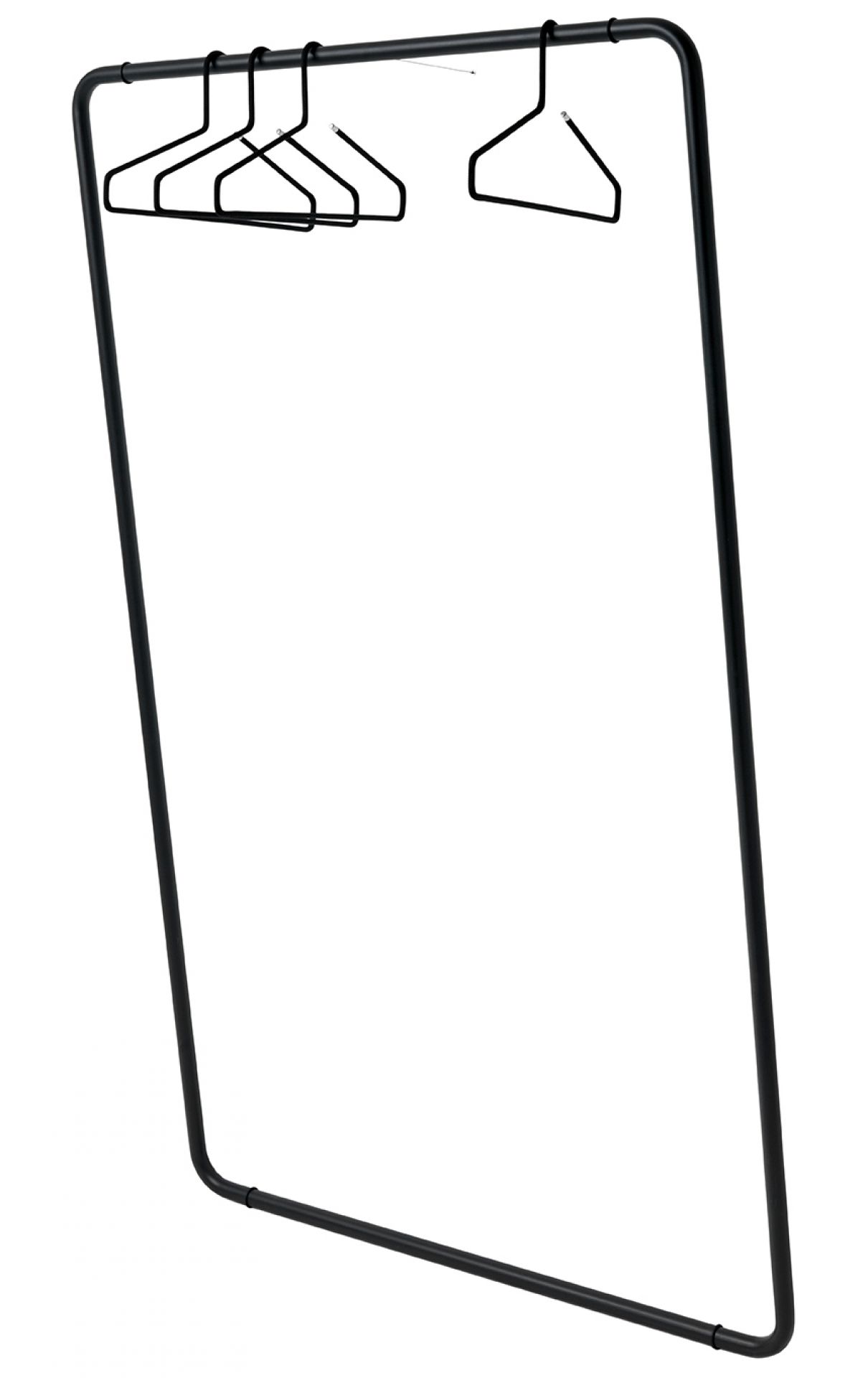 Schwarze Curve Wandgarderobe von Schönbuch mit Kleiderbügeln, moderne Garderobenlösung für Flur und Schlafzimmer.