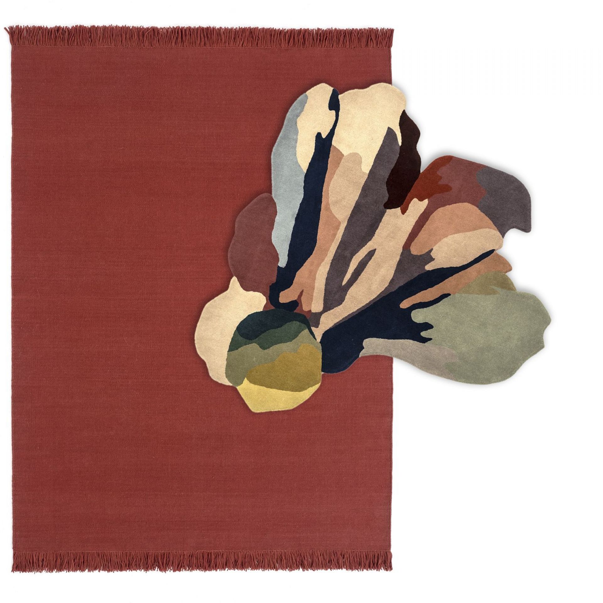 Nanimarquina Teppich Flora Bloom: Roter Wollteppich mit abstraktem Blumenmuster, modernes Design für Wohnzimmer und Schlafzimmer.