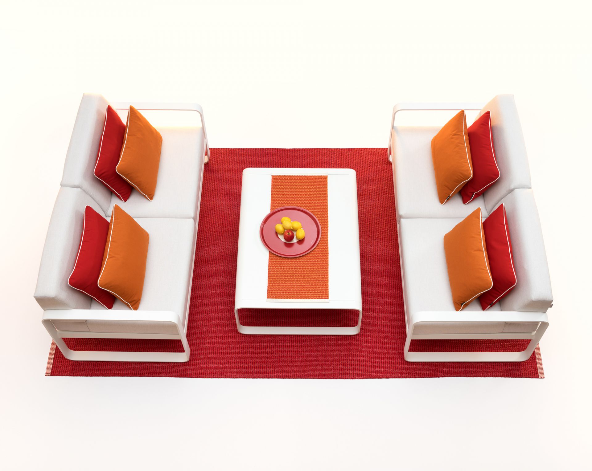 Pappelina Mono Kunststoffteppich 180x220 cm in Rot, mit weißen Sofas und Tisch. Outdoor Teppich.