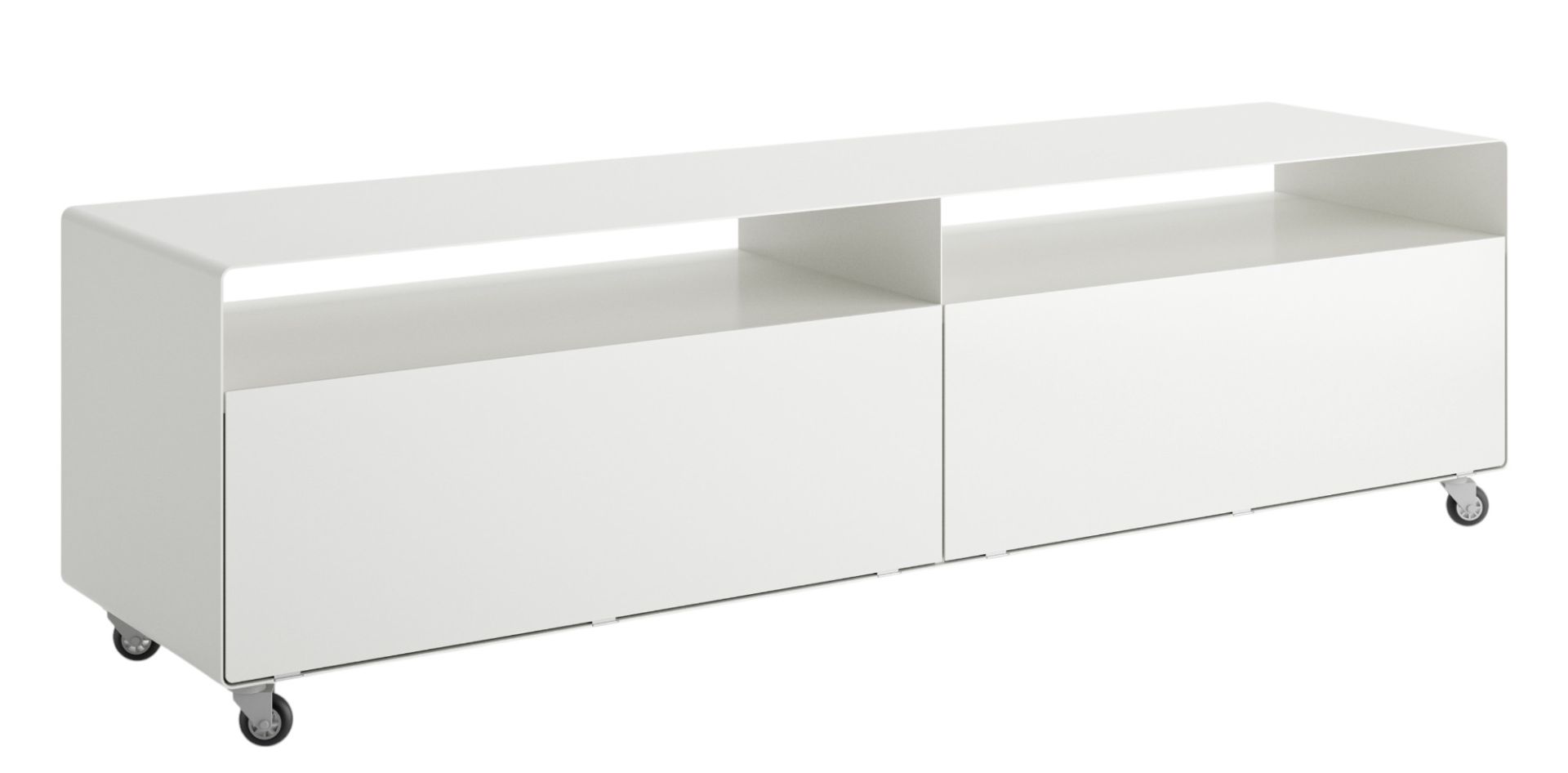 Weißes R110 Sideboard von Müller Möbelfabrikation mit Rollen. Modernes Design für Wohnzimmer und Büro.