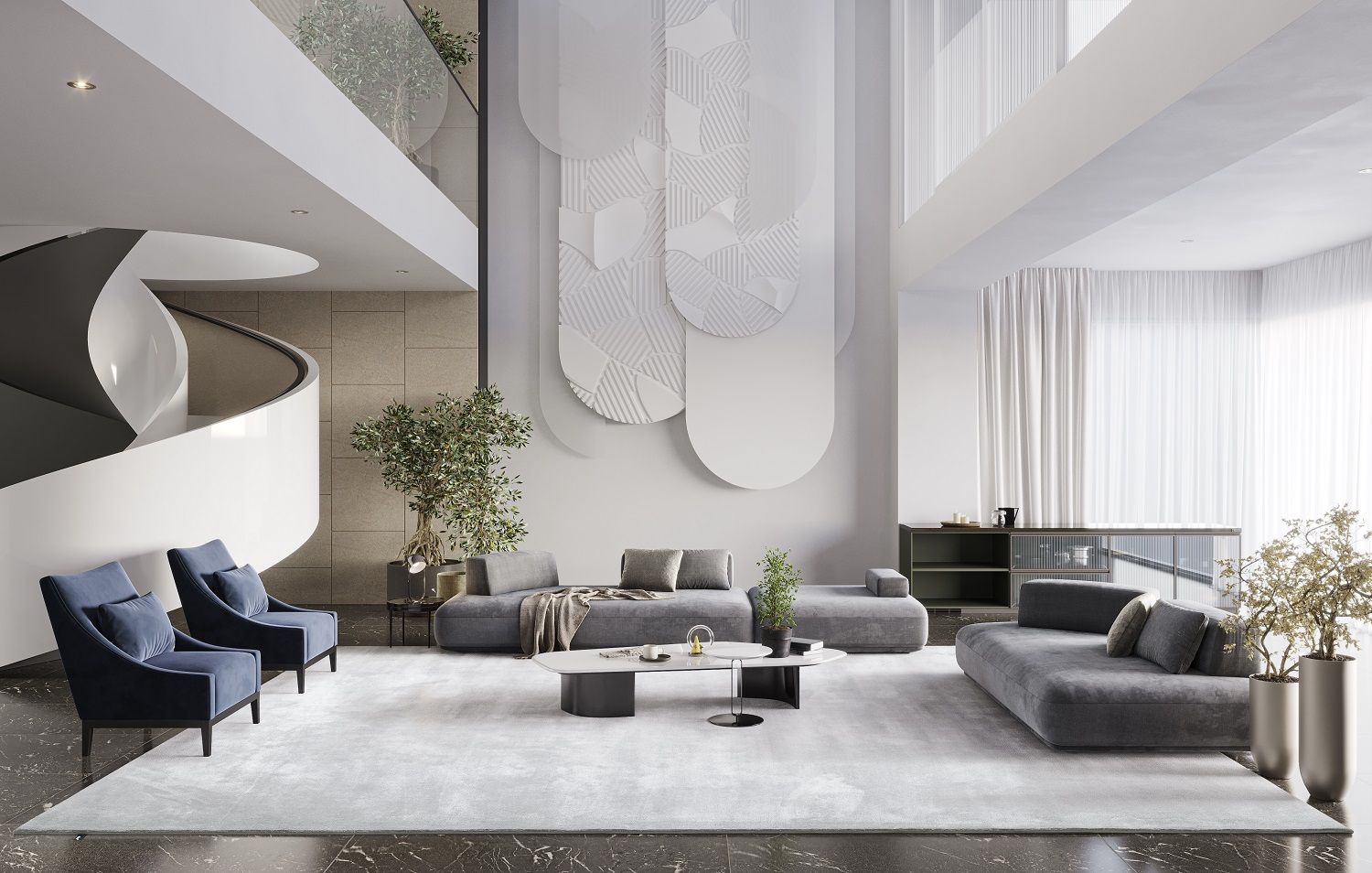 Heller Wohnraum mit Neolo Pro Velvet Teppich. Luxuriöser, weicher Teppich in modernem Ambiente.