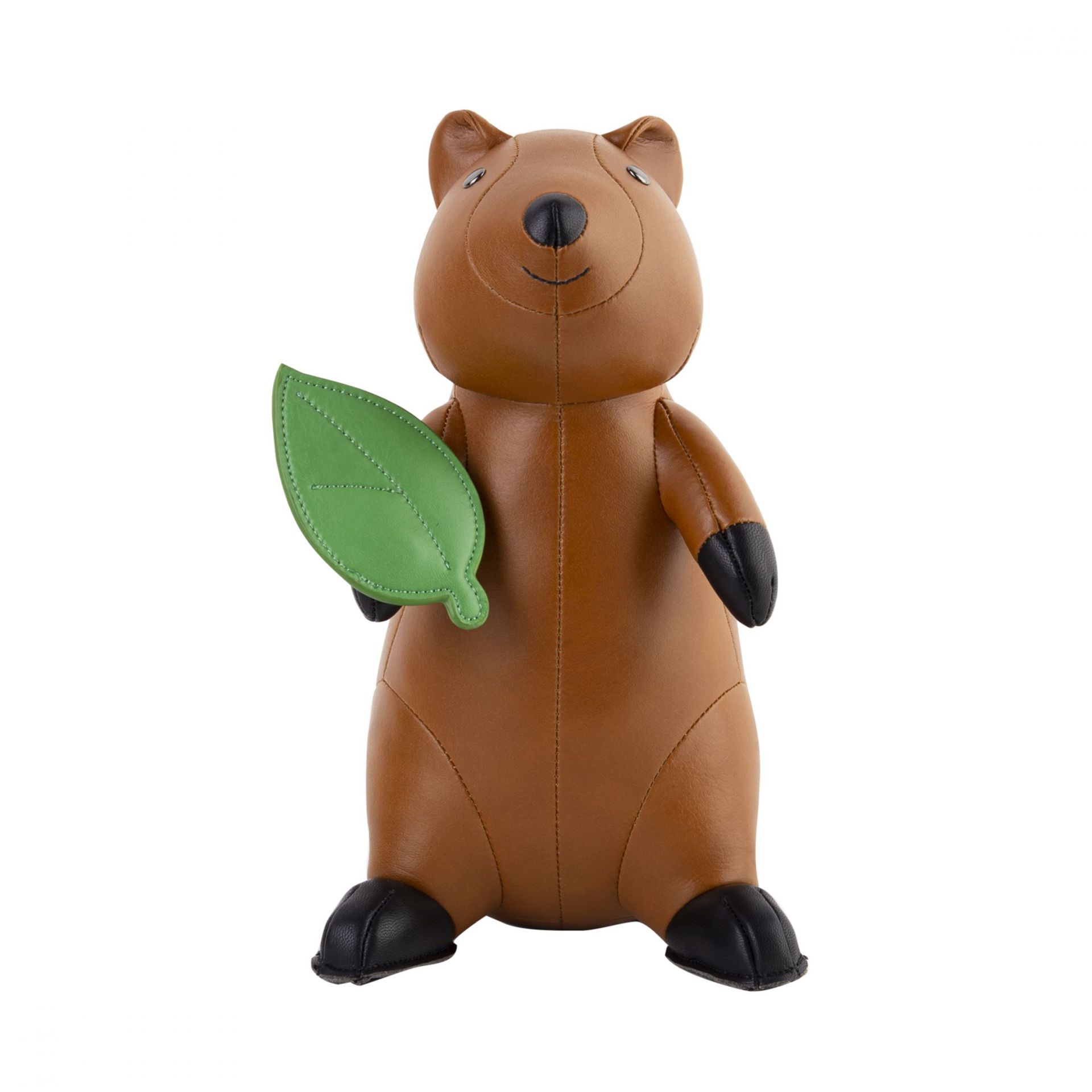 Buchstütze Quokka: Niedliches Stofftier in Braun und Schwarz mit grünem Blatt. Dekorative Buchstütze.