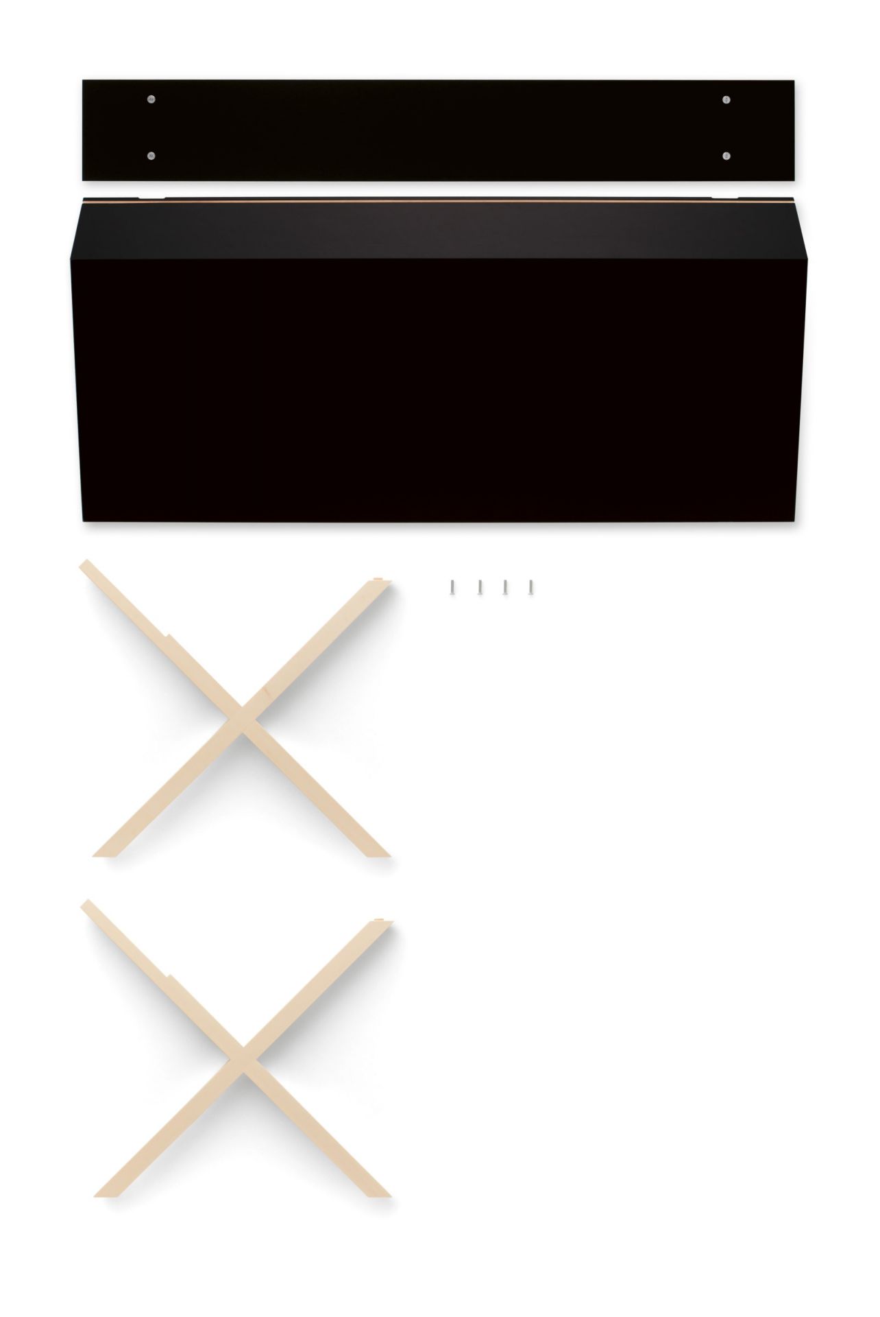 Kant Schreibtisch von Nils Holger Moormann: Einzelteile des schwarzen Design Schreibtischs mit Holzgestell.