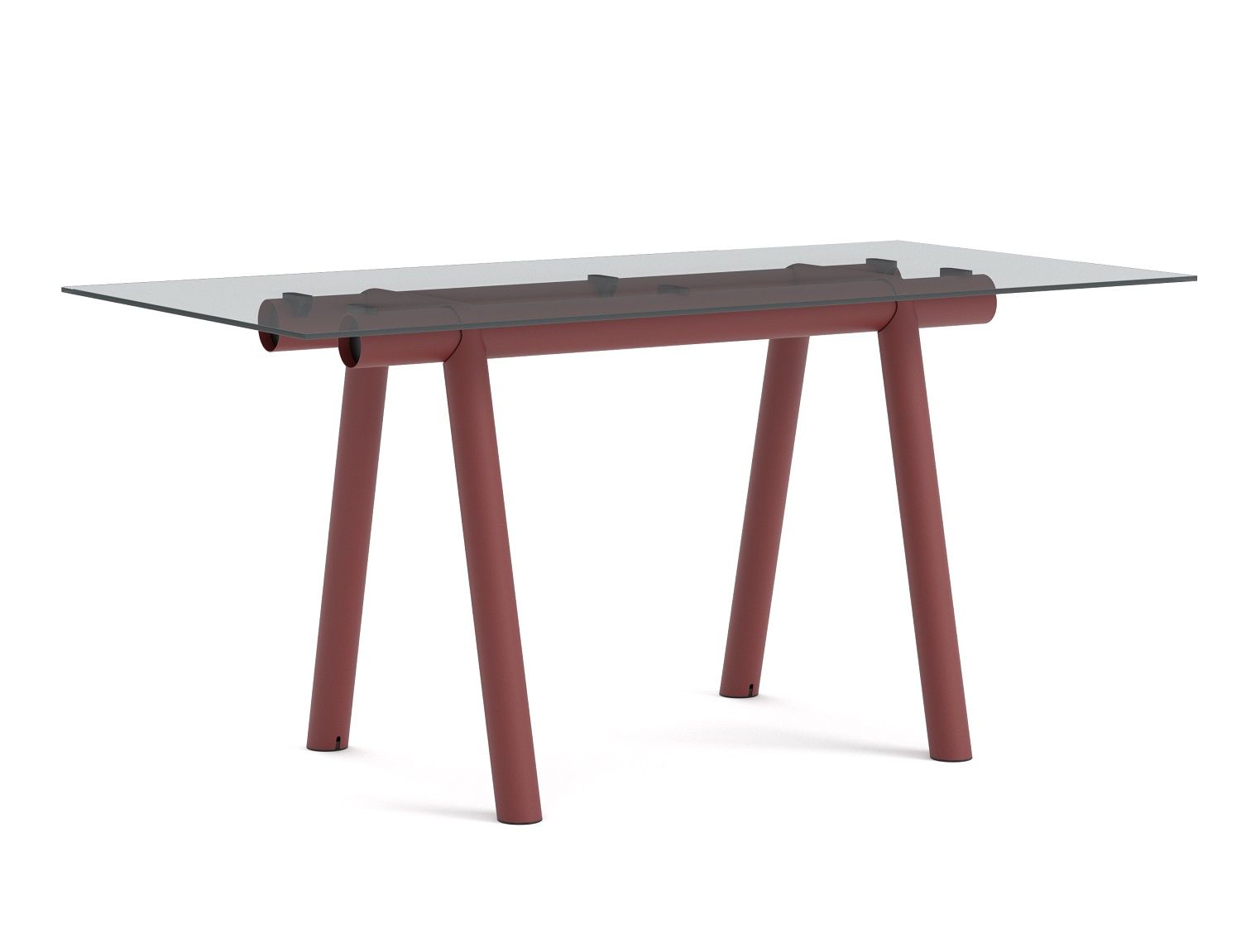 Boa Table Tisch von Hay mit Glasplatte und rotem Gestell, geeignet als Konferenztisch.