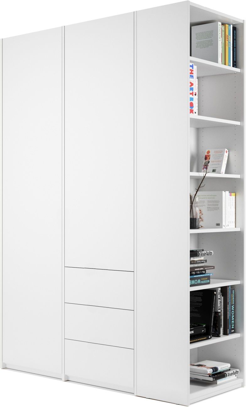 MODULAR PLUS Schrank von Müller Möbelwerkstätten, weiß, mit Türen, Schubladen und offenem Regal.