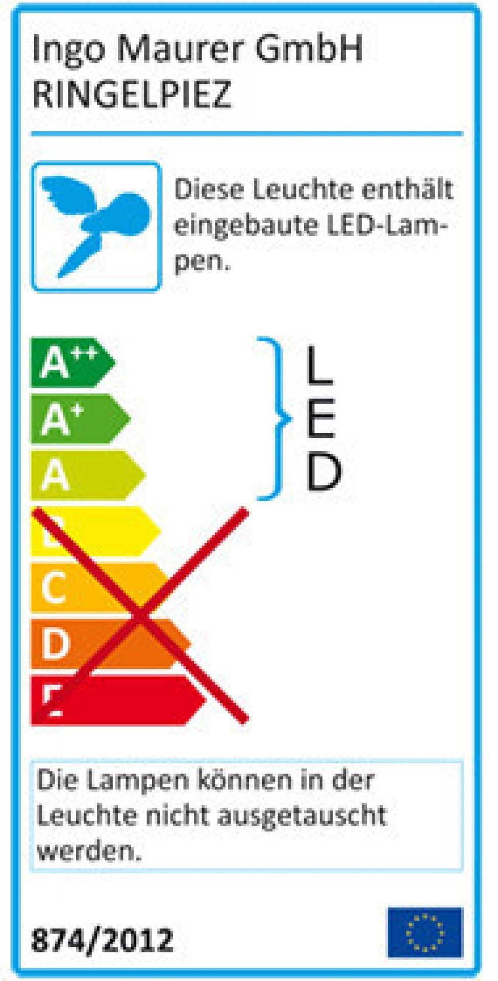 Energielabel der Ringelpiez Stehlampe von Ingo Maurer mit LED-Leuchtmittel und Energieeffizienzklasse.