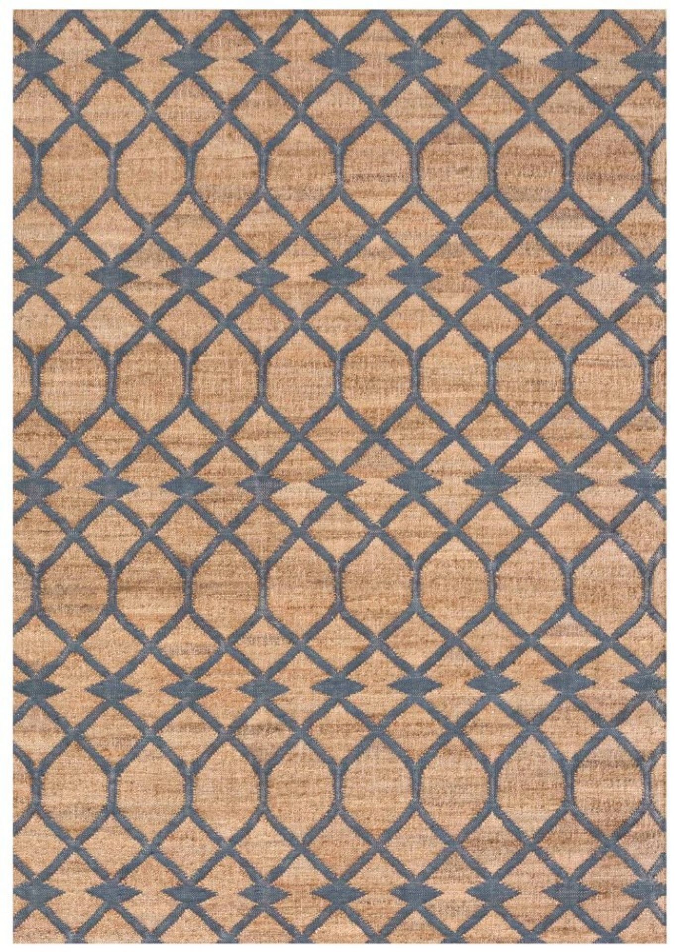 Kilim Teppich mit blauem geometrischem Muster auf beigem Grund, modernes Design für Wohnzimmer.