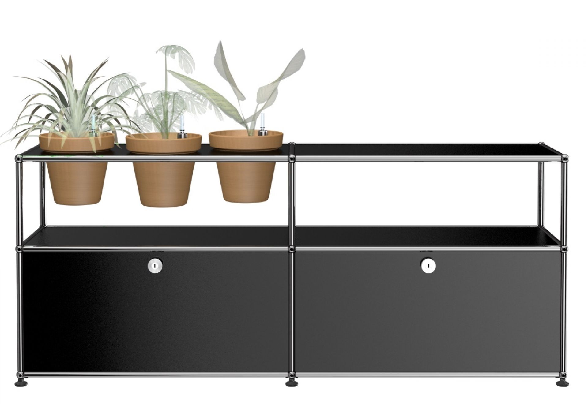 Schwarzes USM Haller Sideboard mit Pflanzenwelten-Einsätzen und zwei Schubladen, modernes Designmöbel für Wohnraum und Büro.
