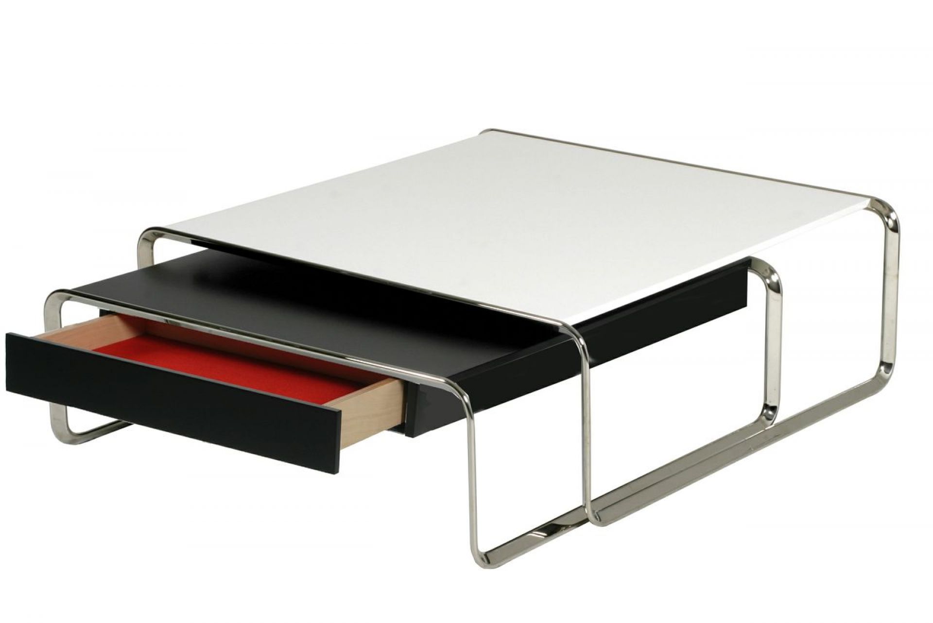 K1AS Oblique Couchtisch von Tecta mit offener Schublade und rotem Innenraum. Moderner Wohnzimmertisch.
