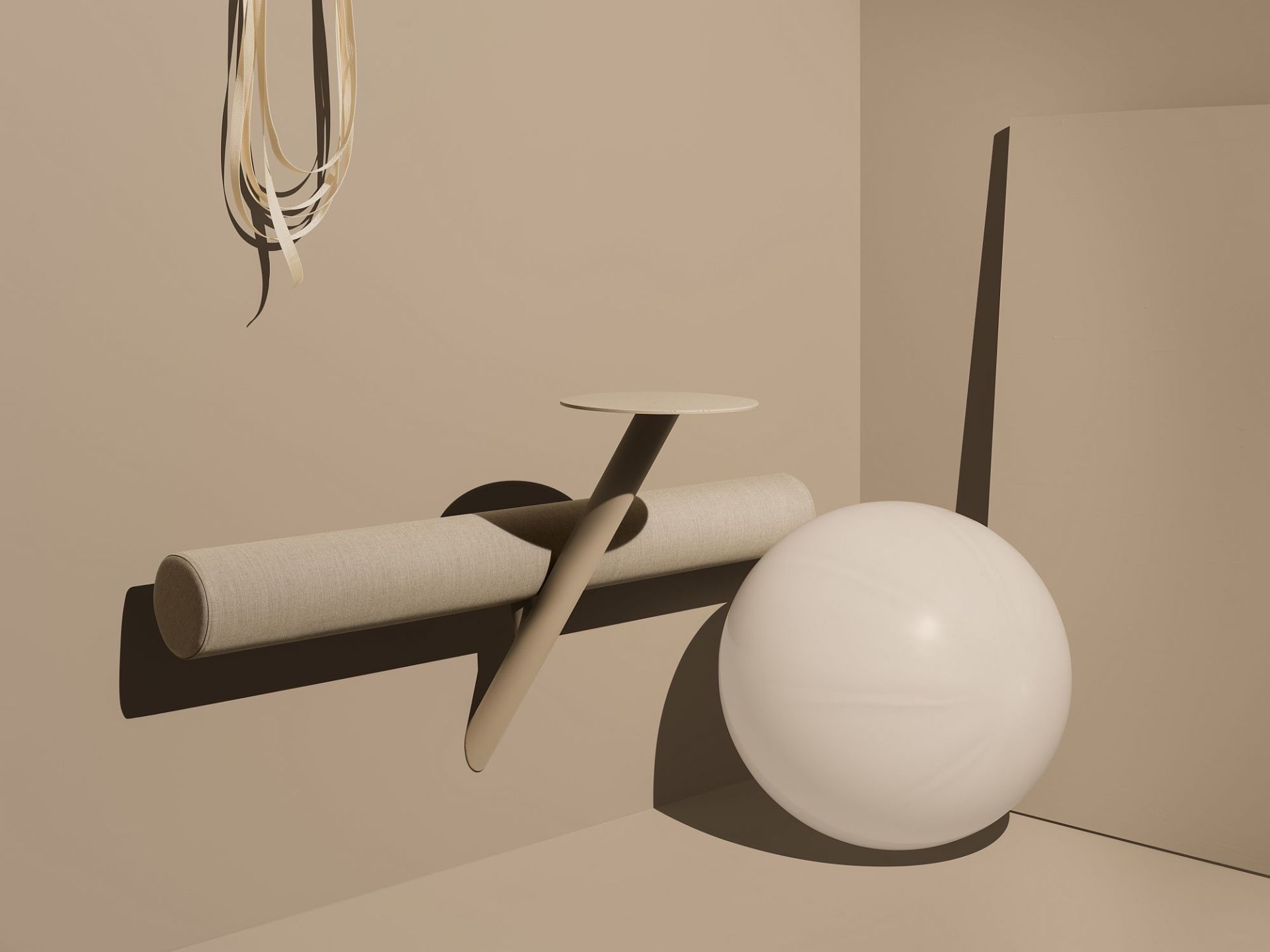 Lumber Wall Sitzmöbel: Moderne Wandmontage mit Sitzrolle, Tisch und Kugel in Beige.