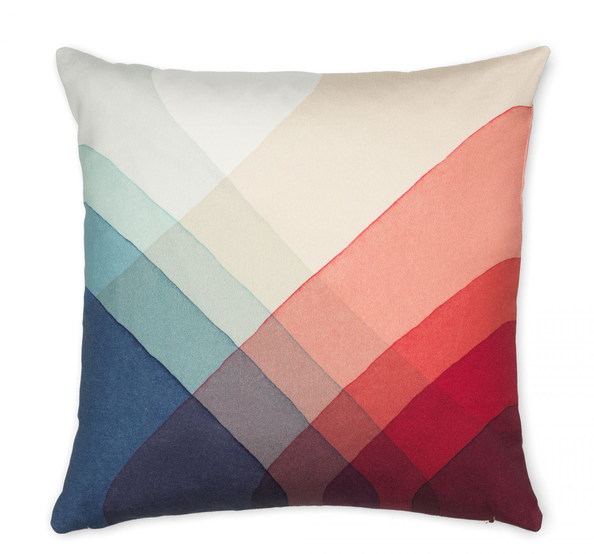 Vitra Heringbone Pillows Kissen mit abstraktem, farbverlaufendem Rautenmuster in Blau-, Beige- und Rottönen auf weißem Hintergrund.
