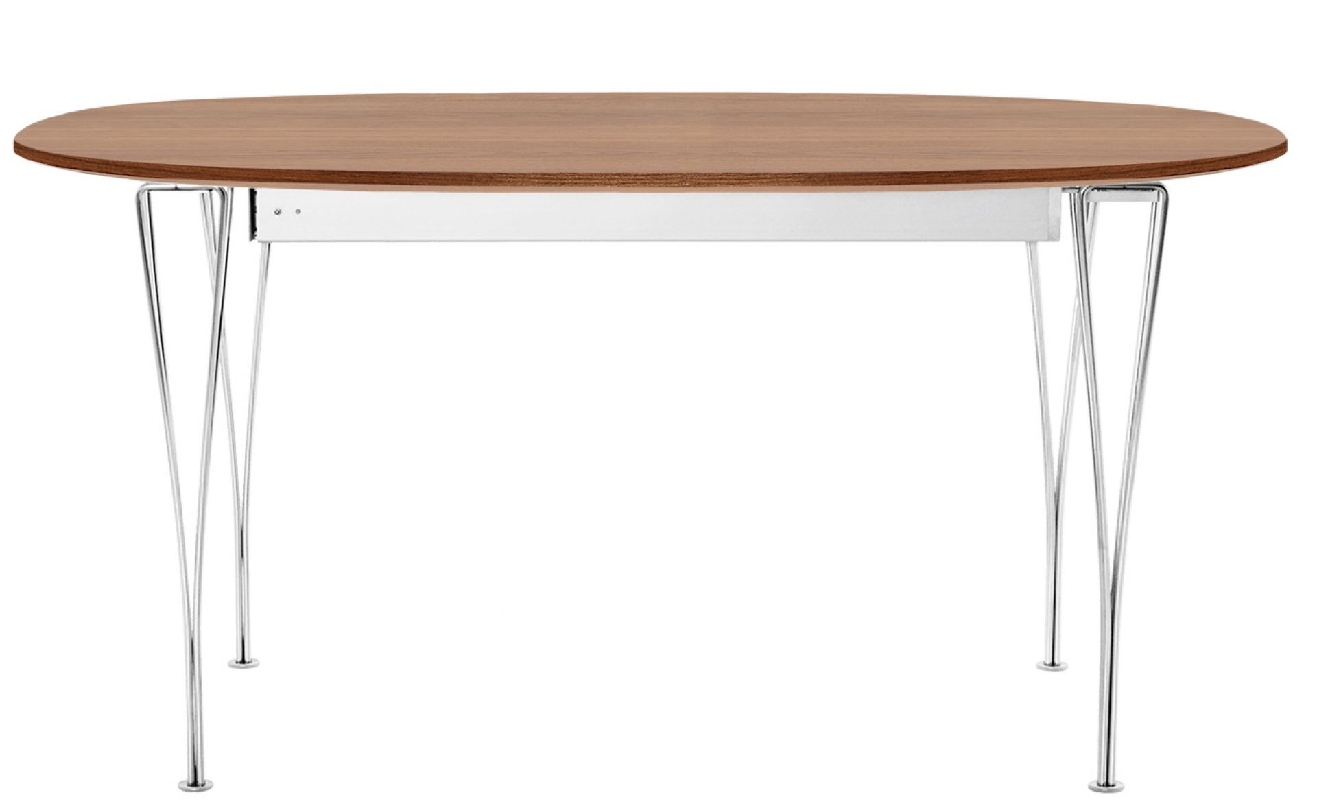 Fritz Hansen Super Elliptisch Ausziehtisch mit Holzplatte und verchromten Stahlbeinen, Frontansicht.