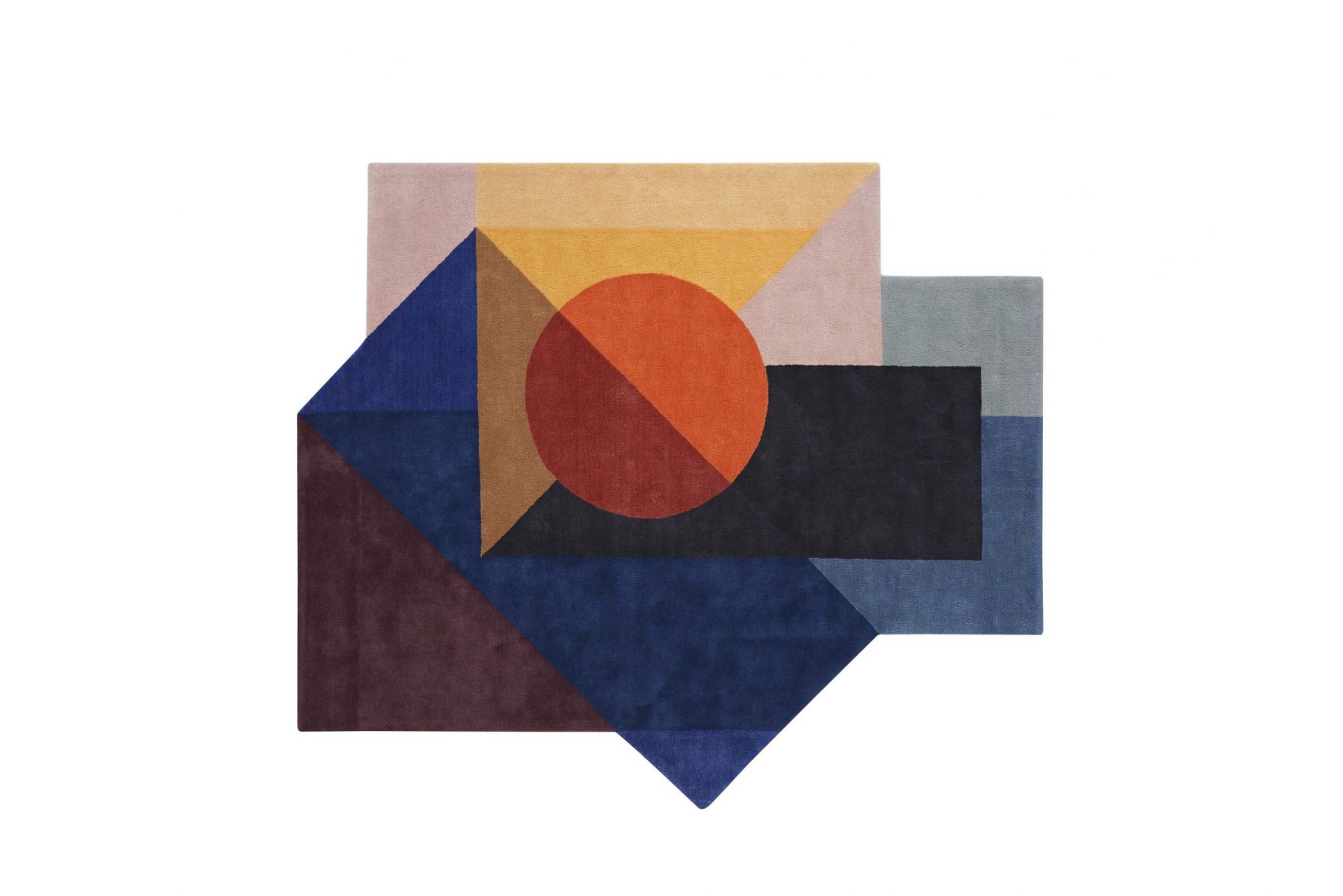 Zoe Kubb Teppich, abstrakter Designer Teppich mit geometrischen Formen und verschiedenen Farben für modernes Wohnambiente.