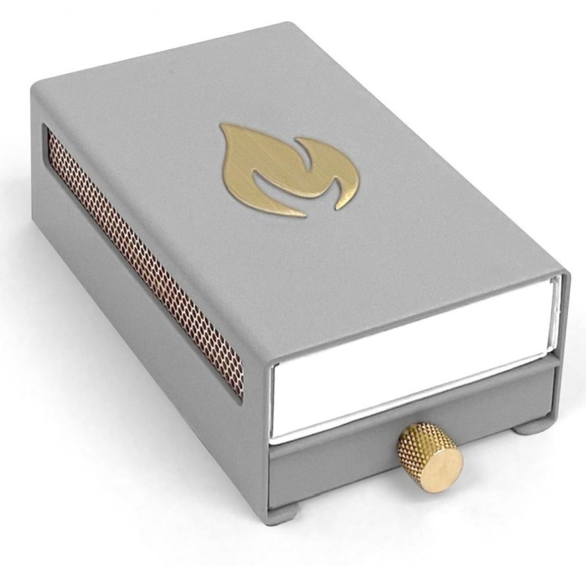 Graue Streichholzschachtel-Hülle mit goldenem Flammen-Design. Skandinavisches Wohnaccessoire für stilvolles Anzünden von Kerzen und Kamin.