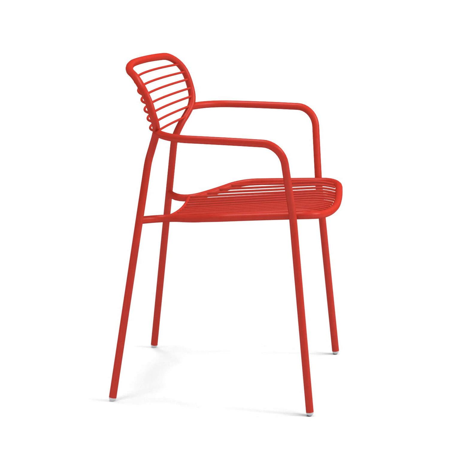 Roter Emu Apero Stuhl mit Armlehne, Metall, Gartenstuhl, Outdoor-Möbel für Terrasse und Balkon.