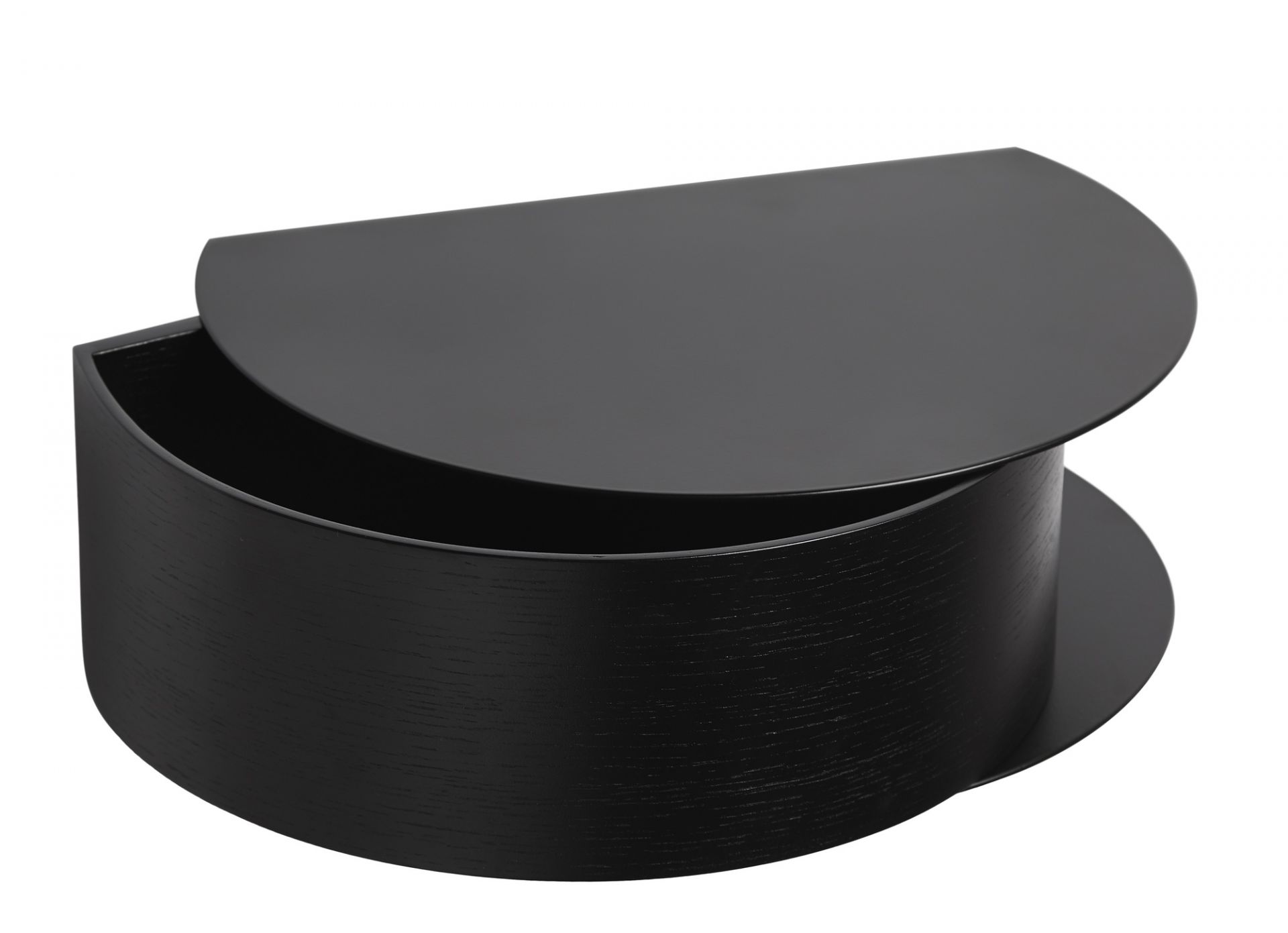 Wallie Wandschublade von Woud, schwarzes Wandregal mit halb geöffnetem Deckel, moderne Aufbewahrung für die Wand.