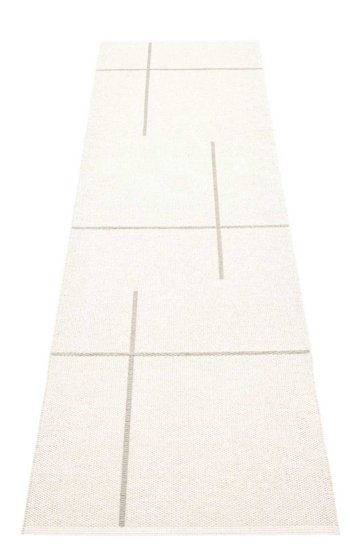 Fred Teppich Pappelina Linen: Weißer Kunststoffteppich mit grafischem Muster, ideal für Küche und Flur.