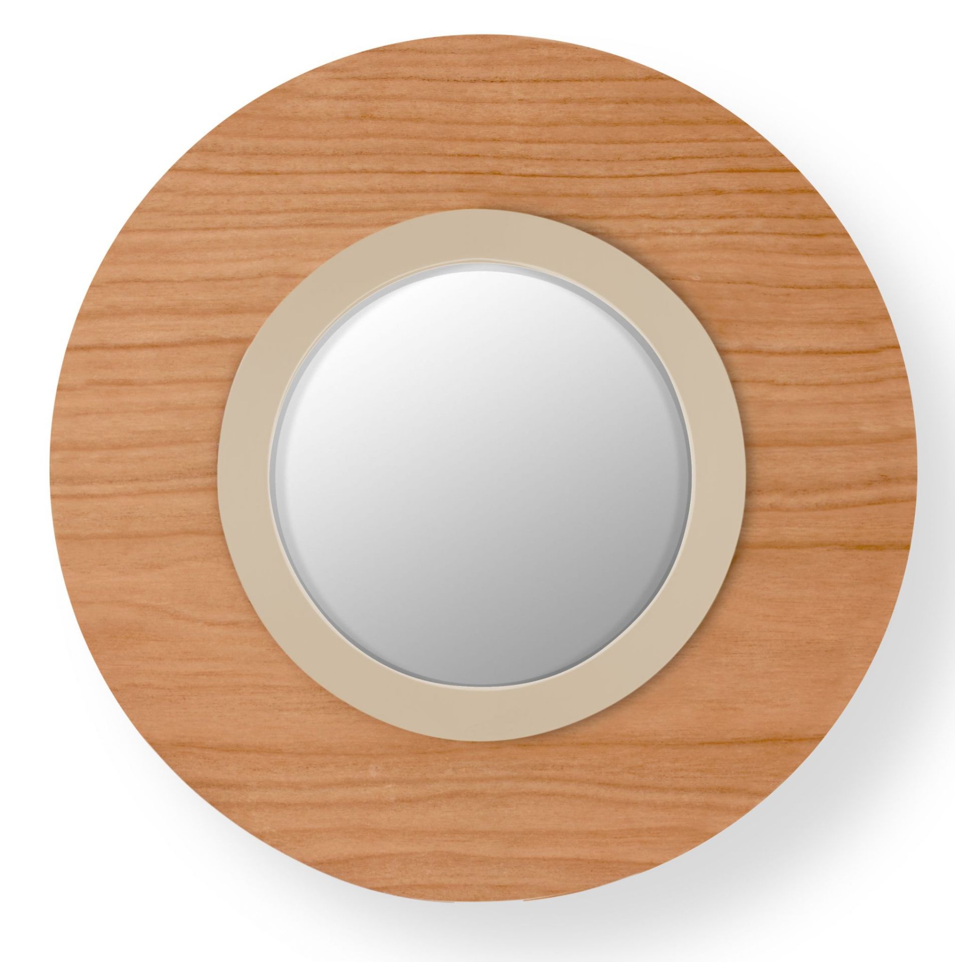 Lens LED Wandleuchte von LZF Lamps: Runde Wandlampe mit Metallring in Elfenbeinweiß und Kirschholz.