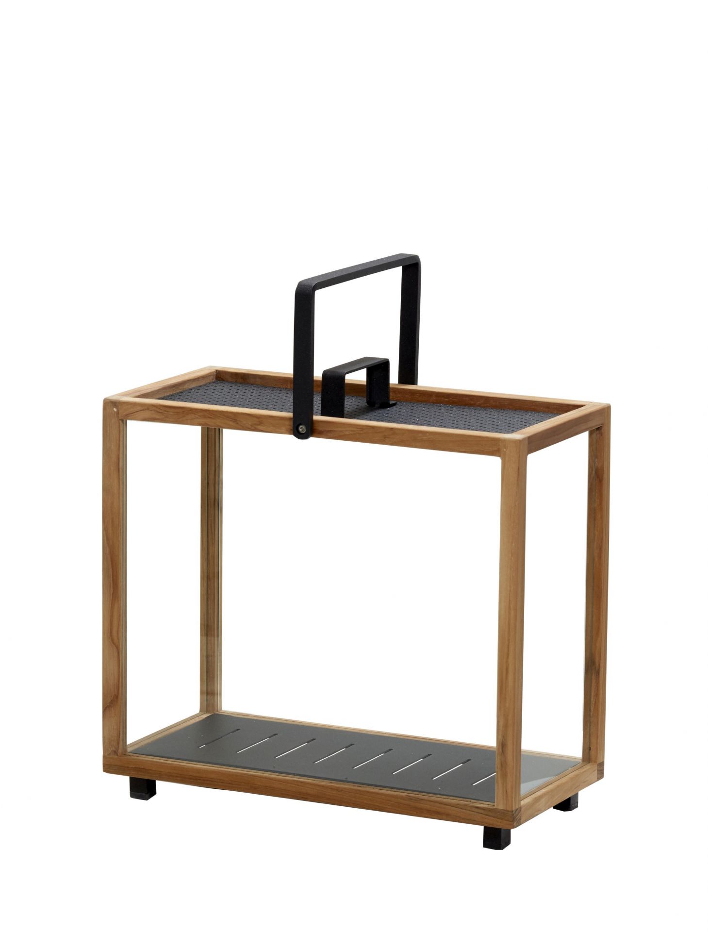 Rechteckige Lighthouse Laterne von Cane-Line aus Teakholz mit schwarzem Tragegriff. Dekorative Gartenlaterne für stimmungsvolle Beleuchtung.