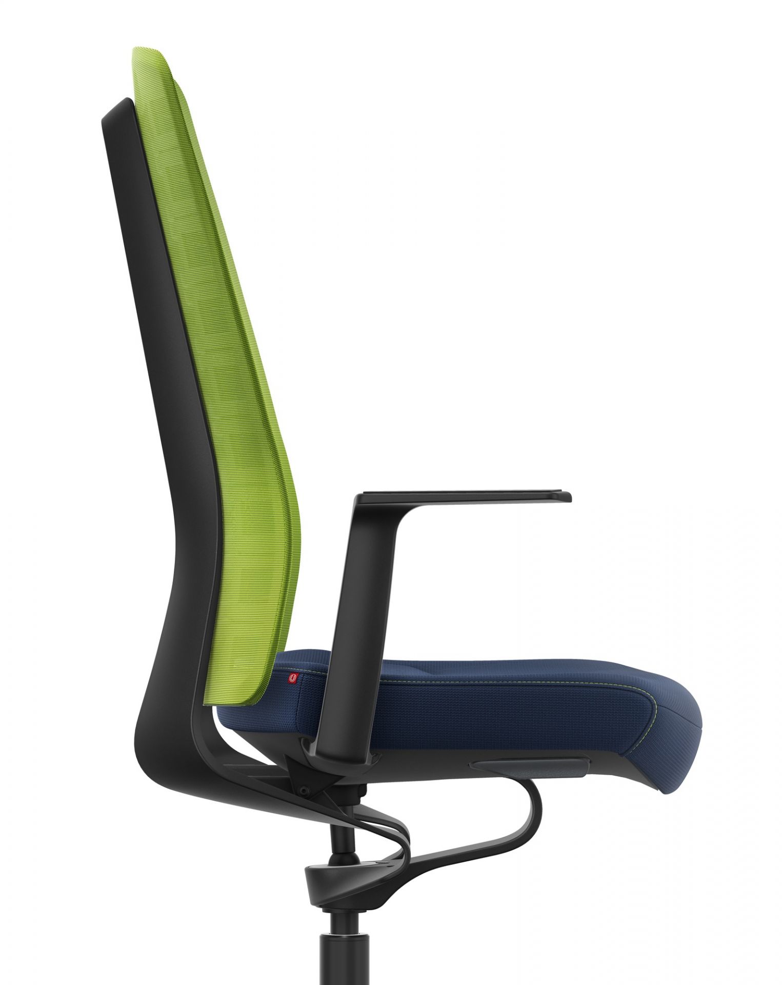 Seitenansicht: Grün-blauer Interstuhl Bürodrehstuhl mit Armlehne, ergonomisch und aktiv für gesundes Sitzen.