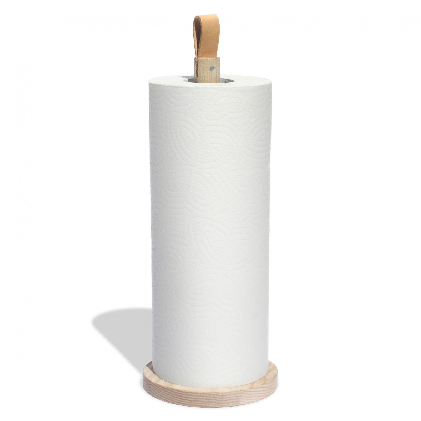 Küchenrollenhalter aus Holz mit Ledergriff und voller Küchenrolle. Praktischer Papierrollenhalter für die Küche.