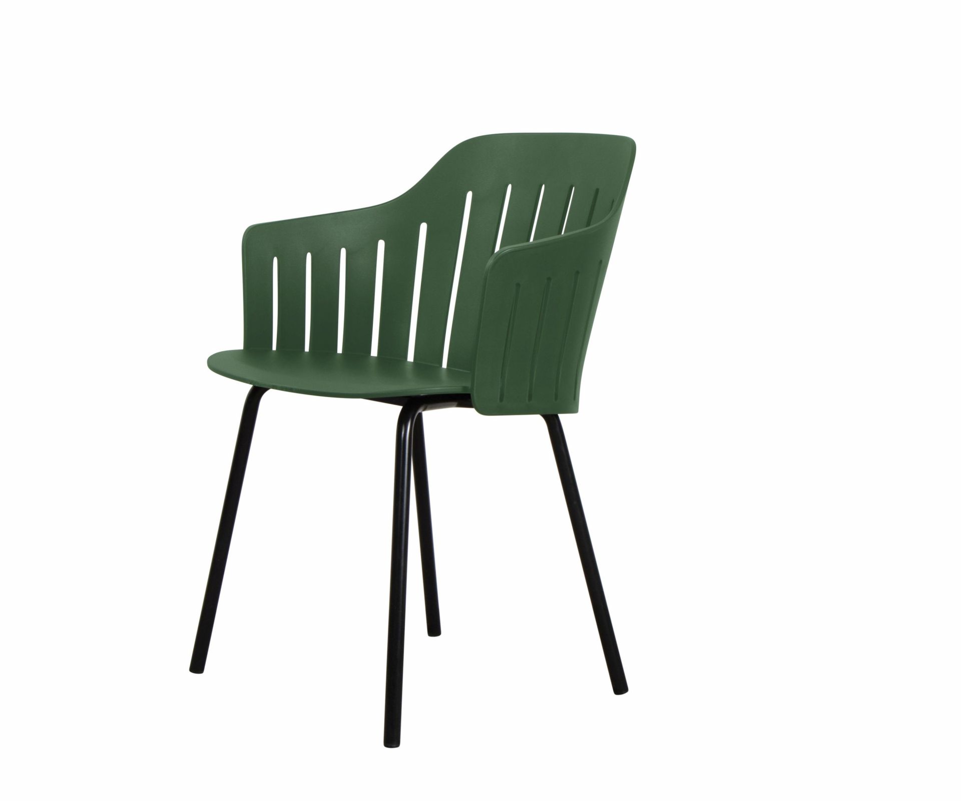 Dunkelgrüner Choice Outdoor Stuhl von Cane-Line mit Stahlgestell und vier Beinen für Garten und Terrasse.