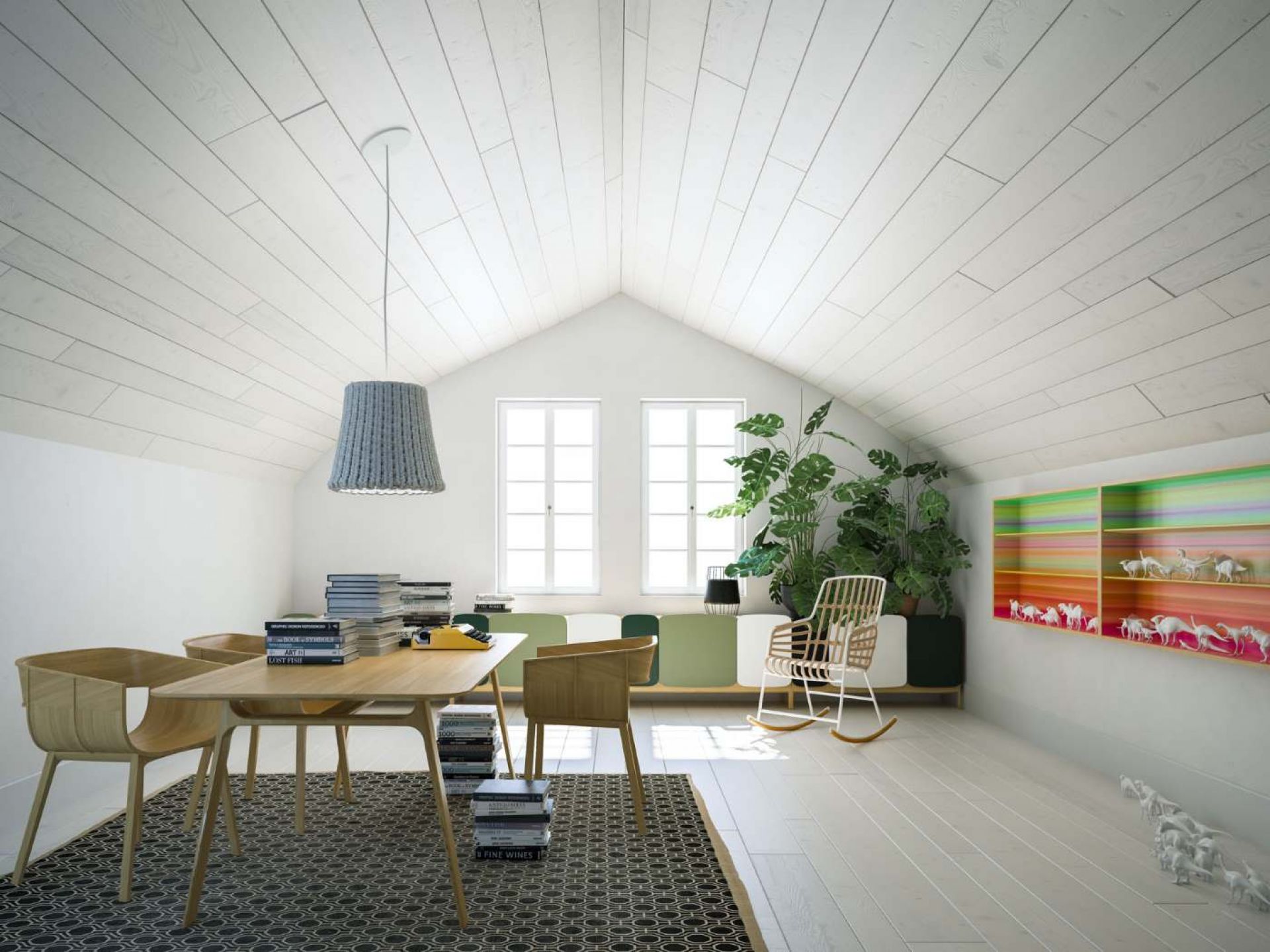 Helle Wohnraum-Szene mit Granny Hängeleuchte von Casamania Horm über Esstisch.