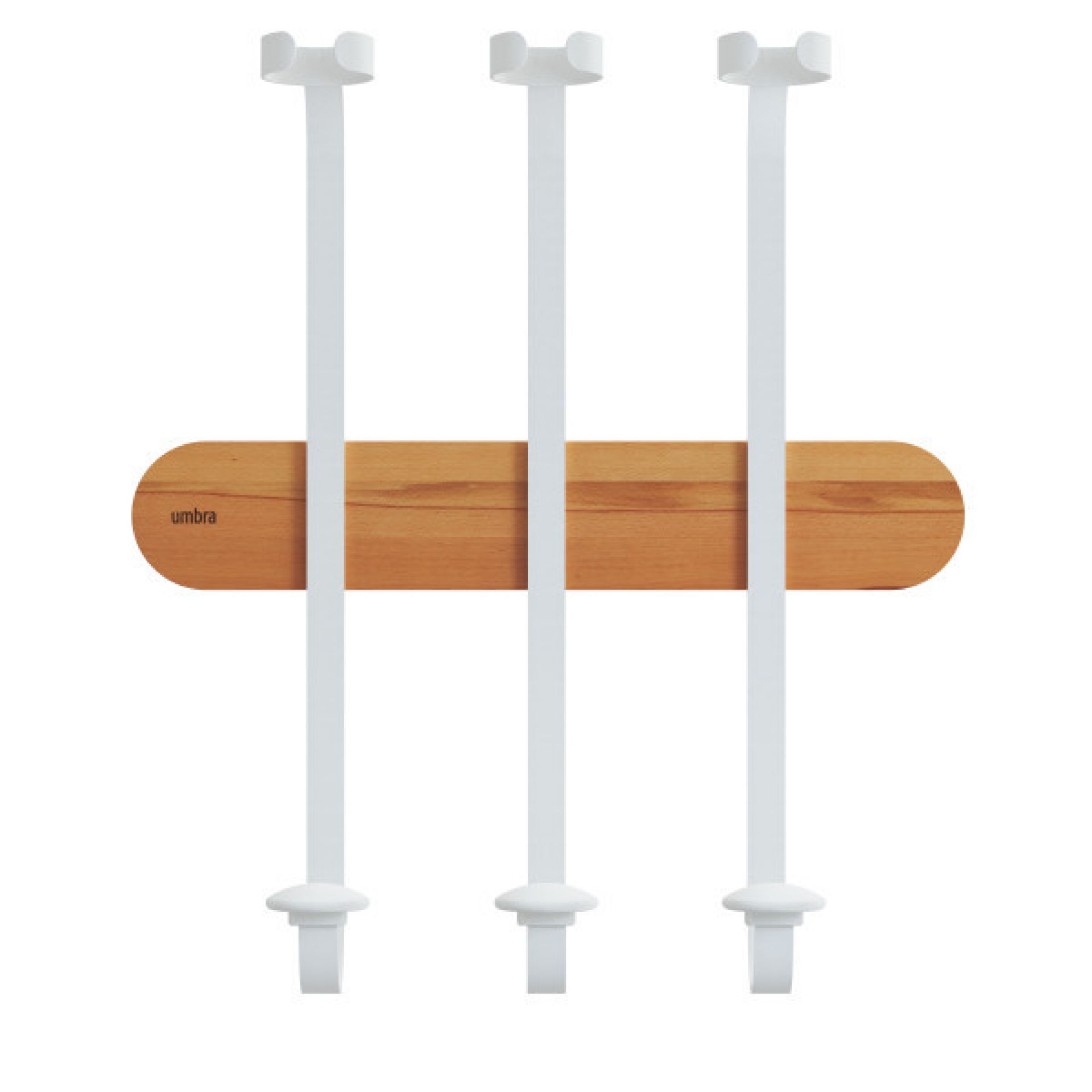 Showvino Weinhalterung von Umbra, modernes Design mit Holz und weißen Halterungen für Weinflaschen.