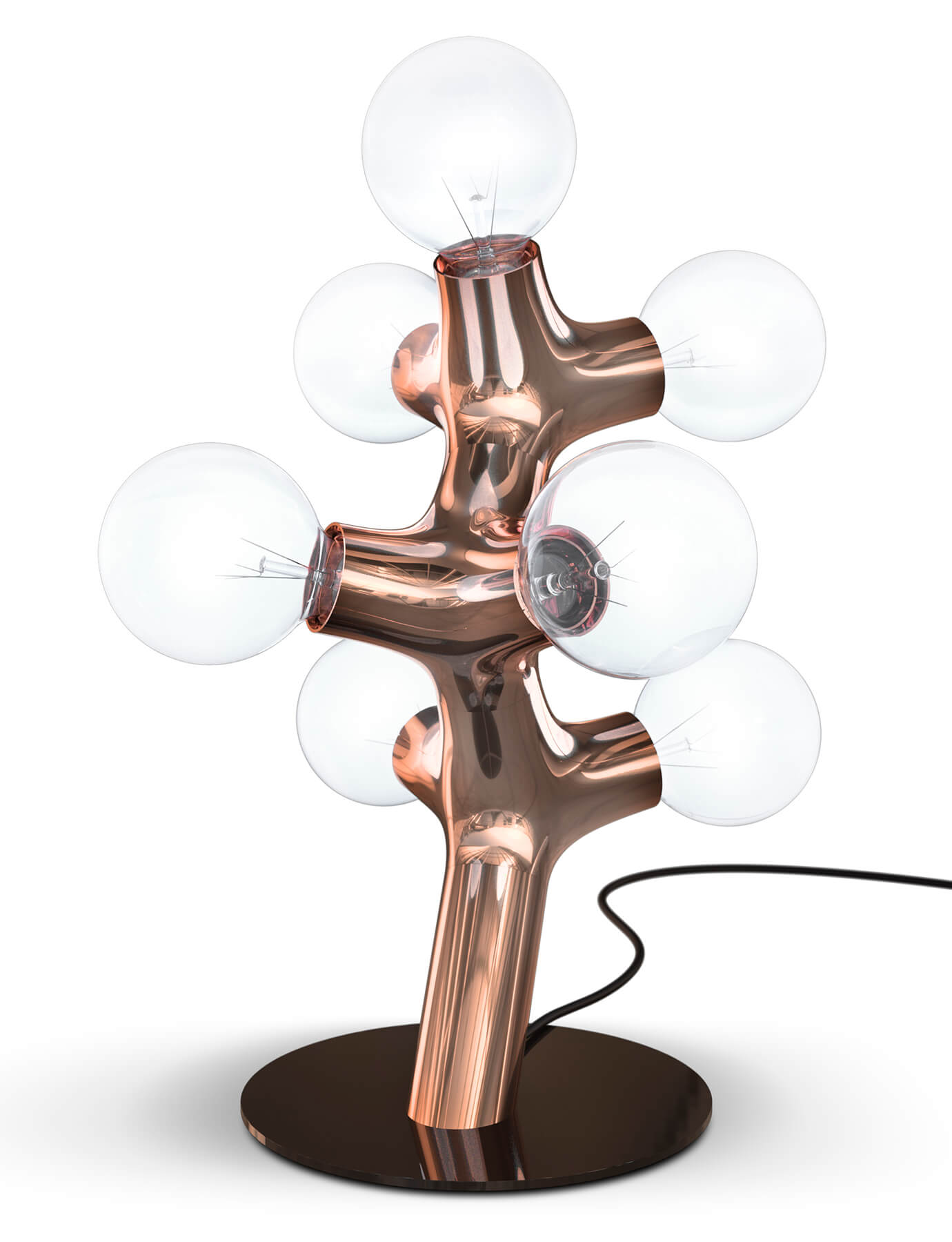 DNA Tischleuchte Triple-7 Kupfer Next: Moderne Tischlampe mit kupferfarbenem Gestell und Glühbirnen.