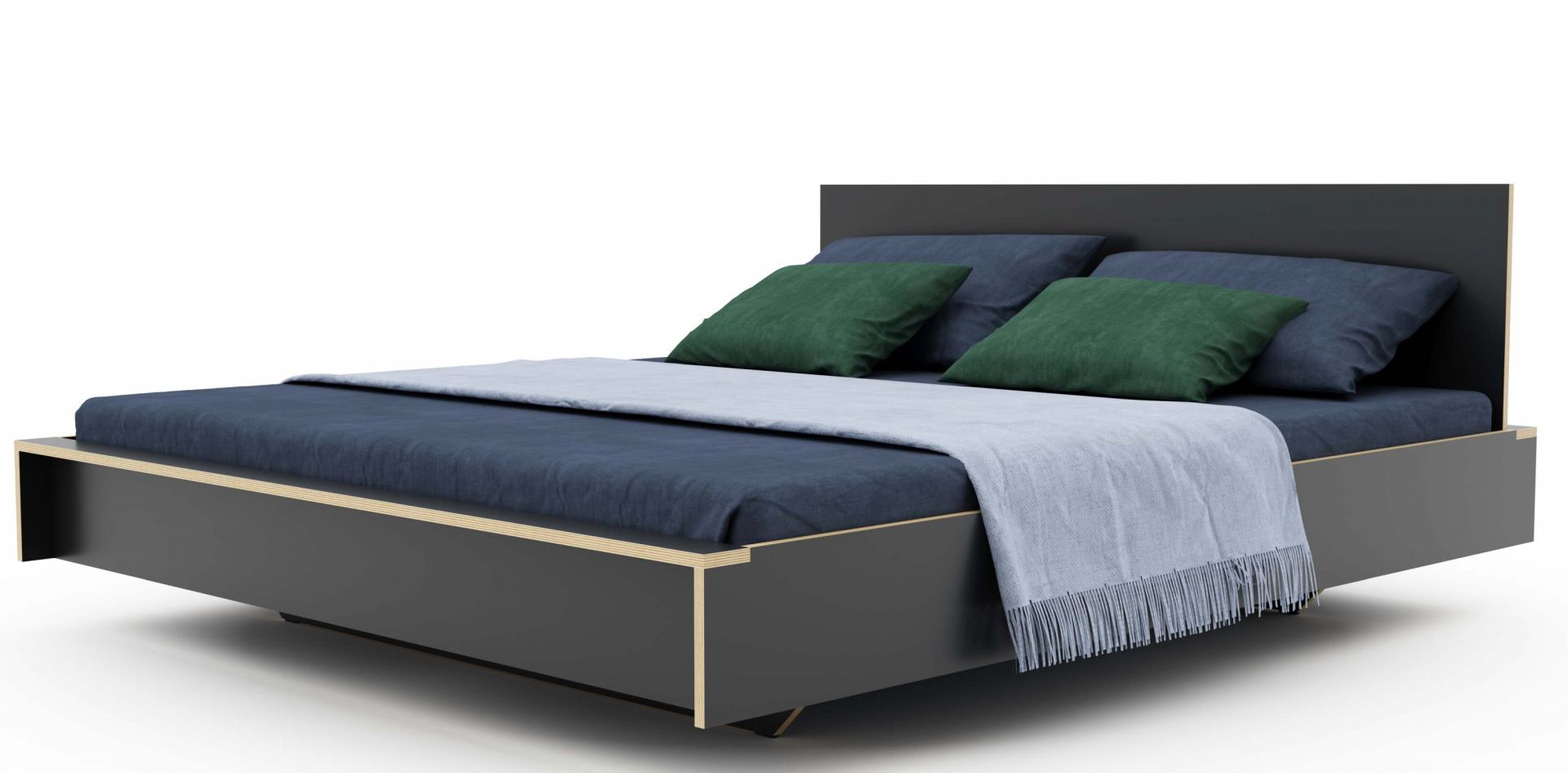 Anthrazitfarbenes Flai Bett mit Kopfteil von Müller Möbelwerkstätten, inklusive Kissen und Decke.