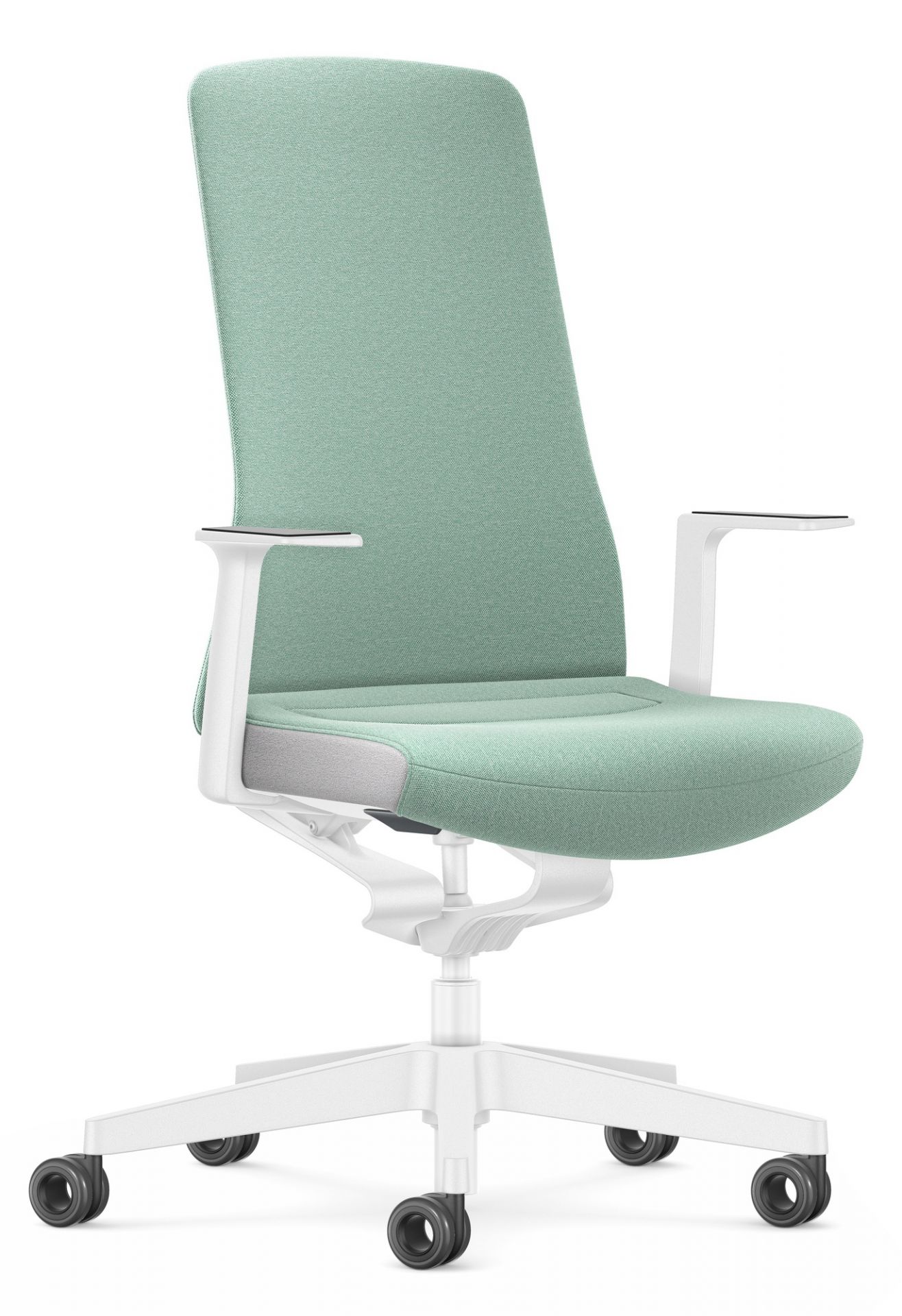 Türkiser Interstuhl Bürodrehstuhl mit weißem Gestell und Armlehnen für ergonomisches Sitzen im Büro.