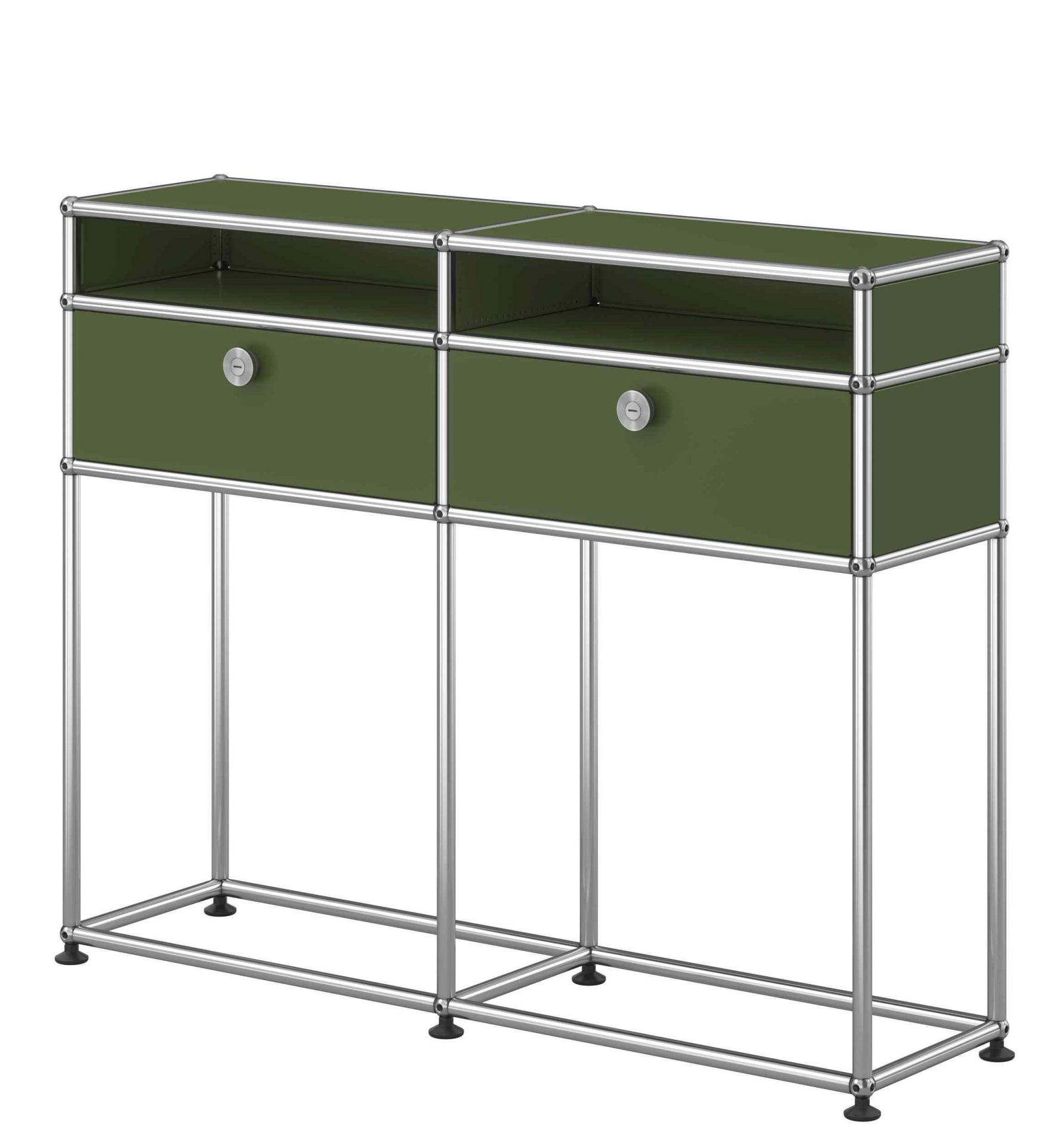 USM Haller Sideboard in Olivgrün mit zwei Schubladen und verchromtem Stahlrohrgestell für modernes Wohnen.