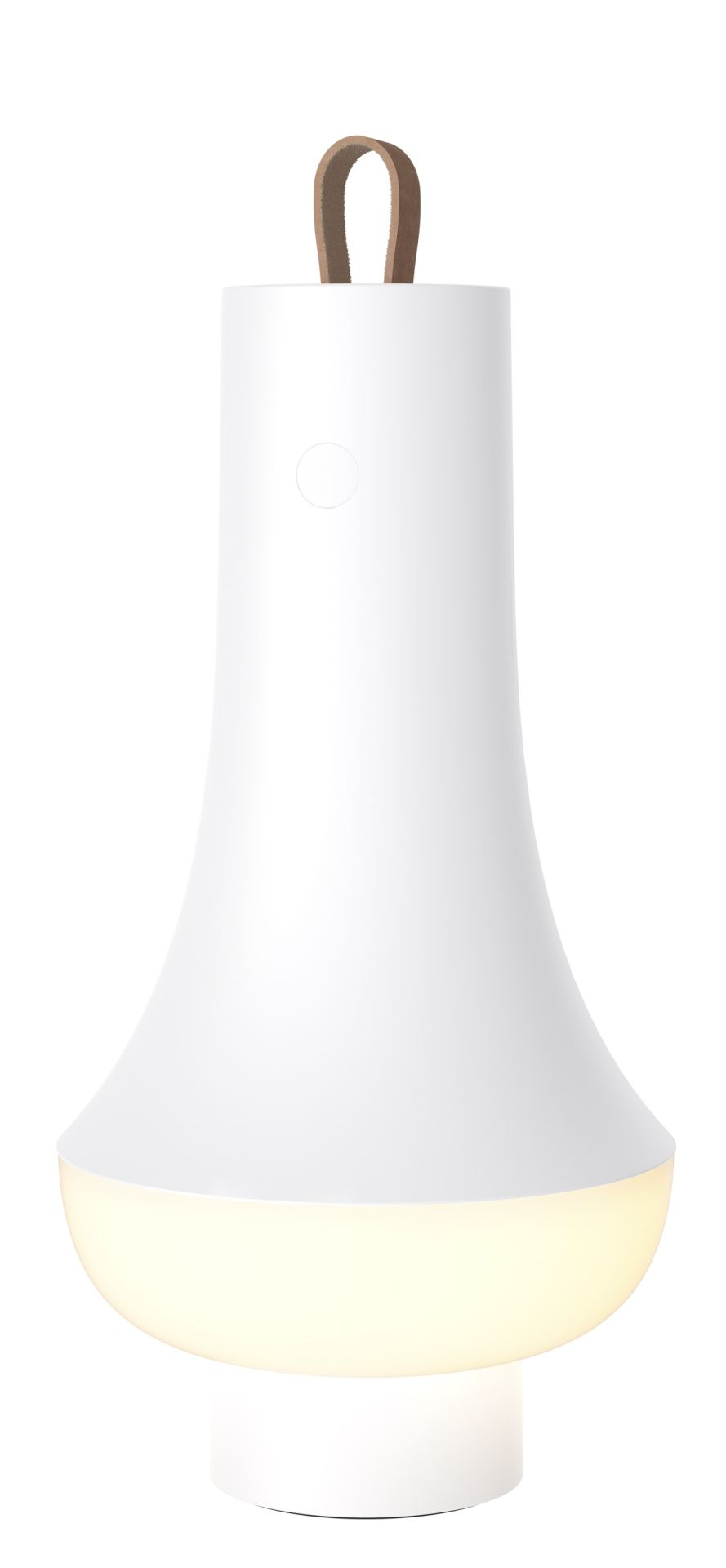 Weiße Tomoshi Portable Akkuleuchte von Louis Poulsen mit Ledergriff, Tischleuchte für Innen und Außen.