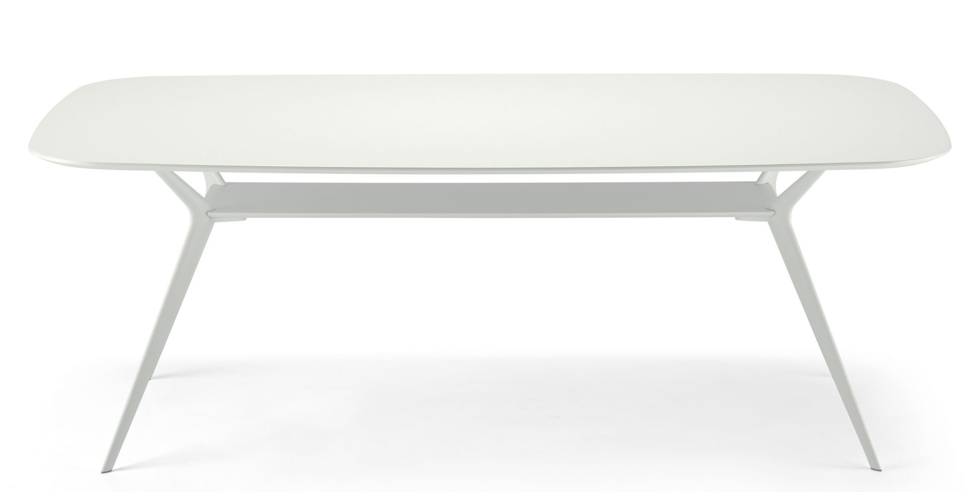 Weißer Biplane Tisch von Alias mit Ablage und abgerundeter Tischplatte.