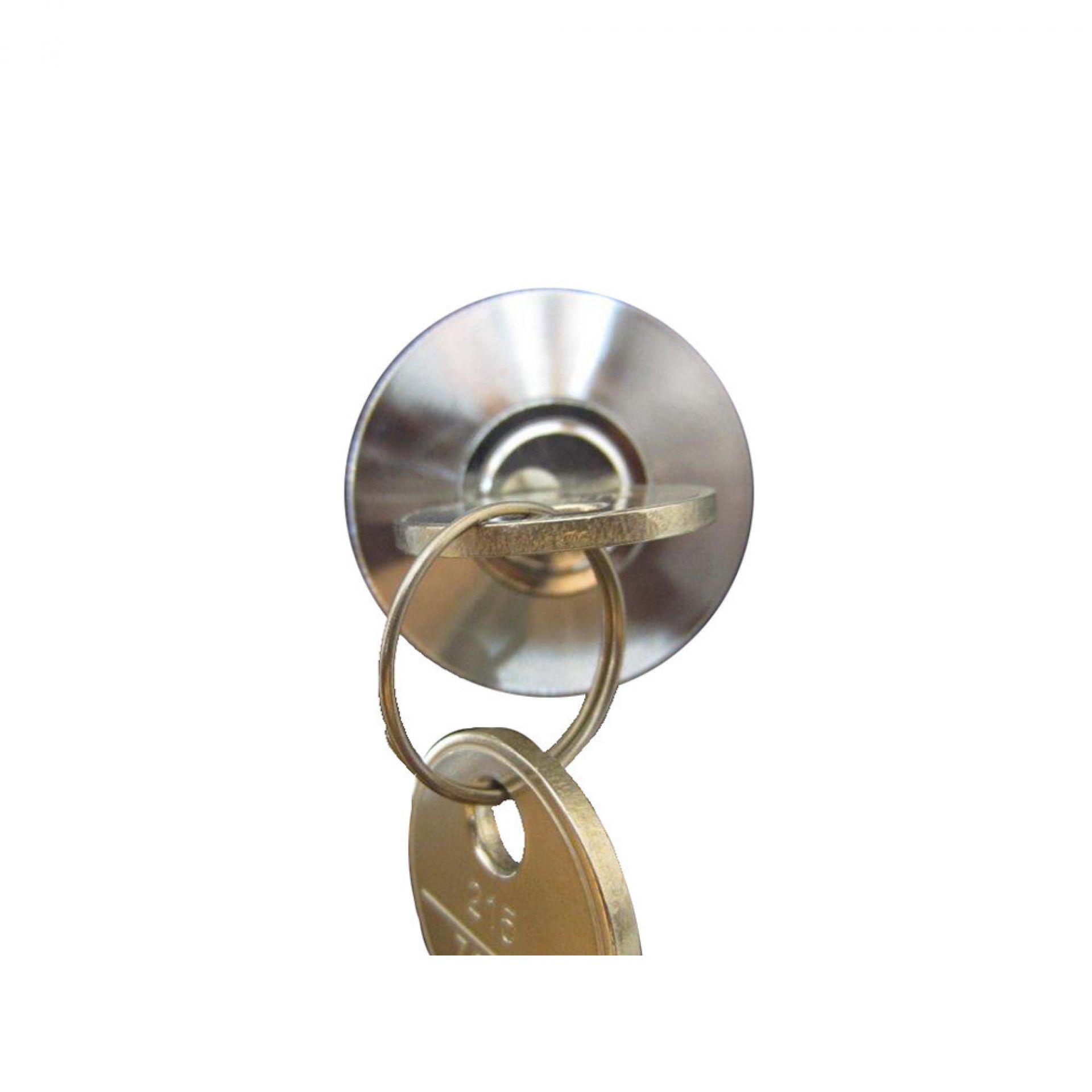 Nahaufnahme: USM Haller Schloss Ersatzteil, gleichschließend, mit Schlüssel im Schließzylinder.