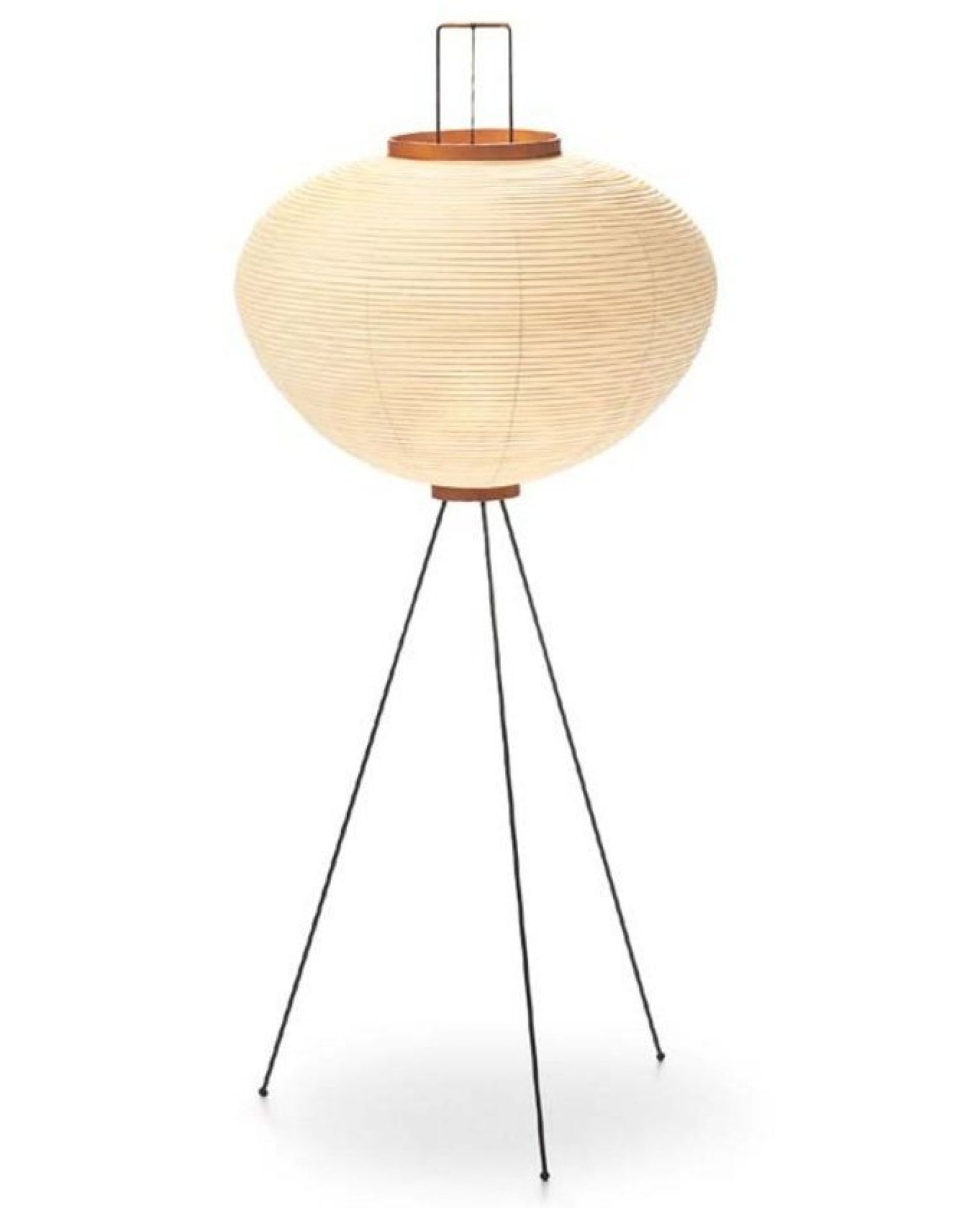 Akari Stehleuchte 10A von Vitra mit Papierlampenschirm und schwarzem Dreibein-Stativ. Design Stehlampe.