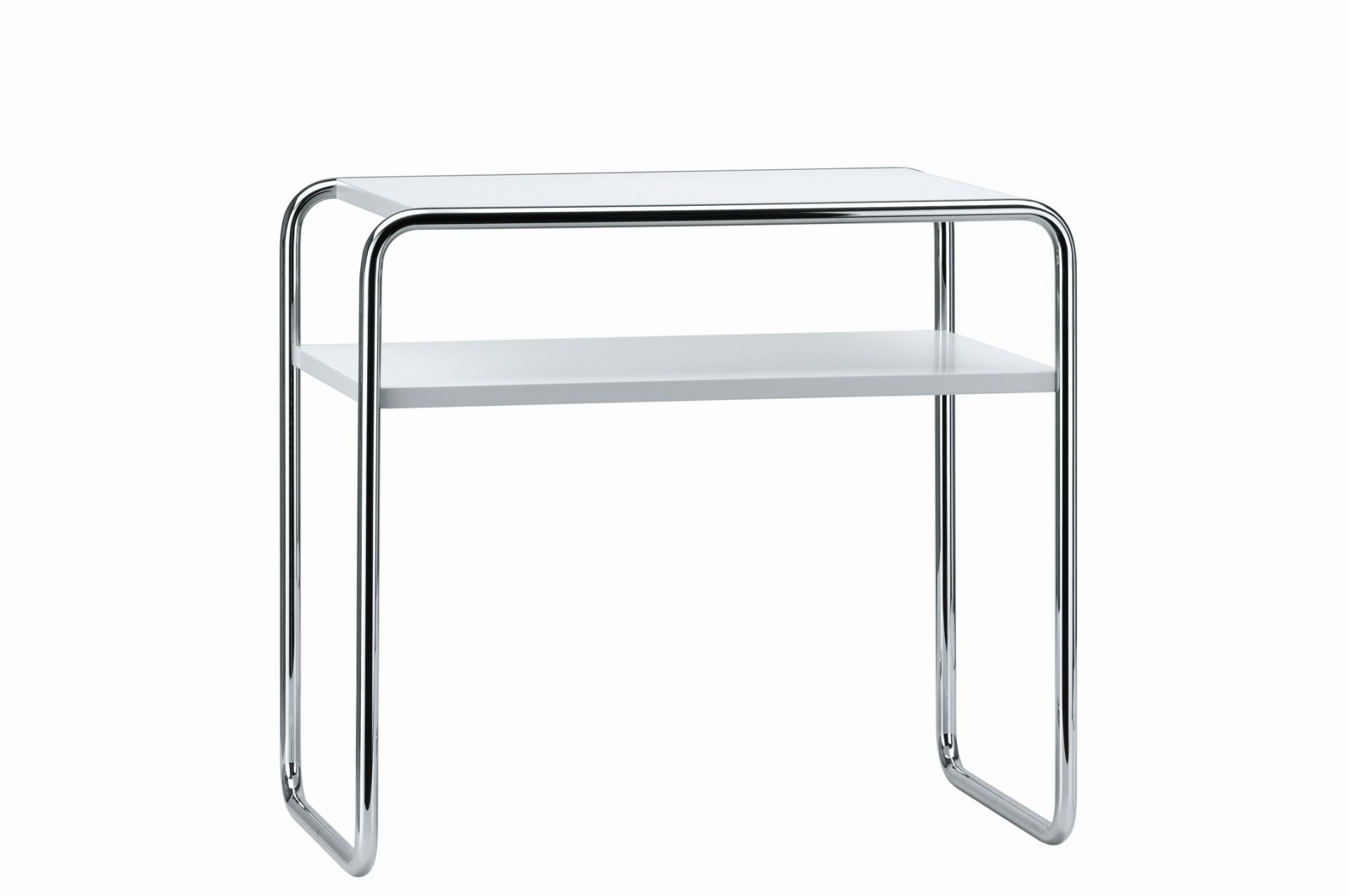 Thonet B 9 Beistelltisch mit Fachboden, Stahlrohrgestell und weißer Ablagefläche. Moderner Designklassiker.