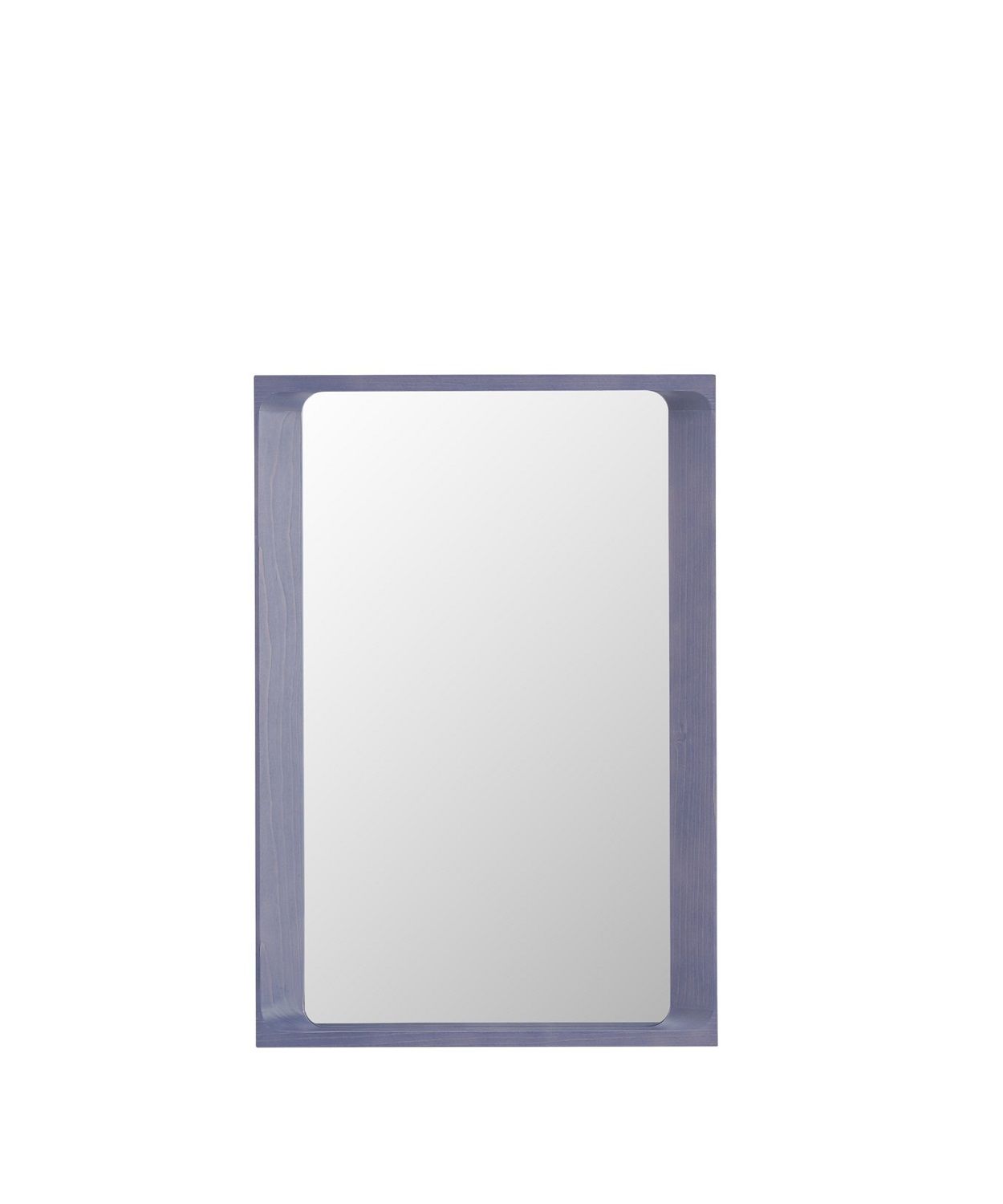 Rechteckiger Muuto Spiegel "Arced Mirror" mit abgerundeten Ecken und blauem Holzrahmen.