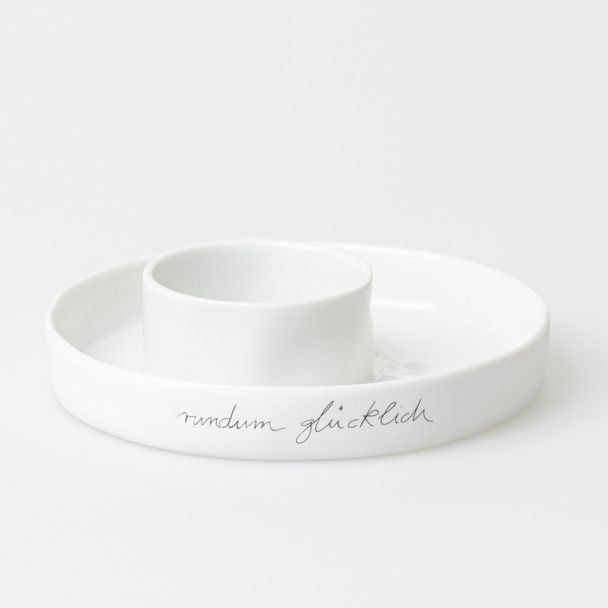 Weiße Keramikschale "Rundum Glücklich" von Räder mit integriertem Dip-Schälchen, ideal als Tischdeko.