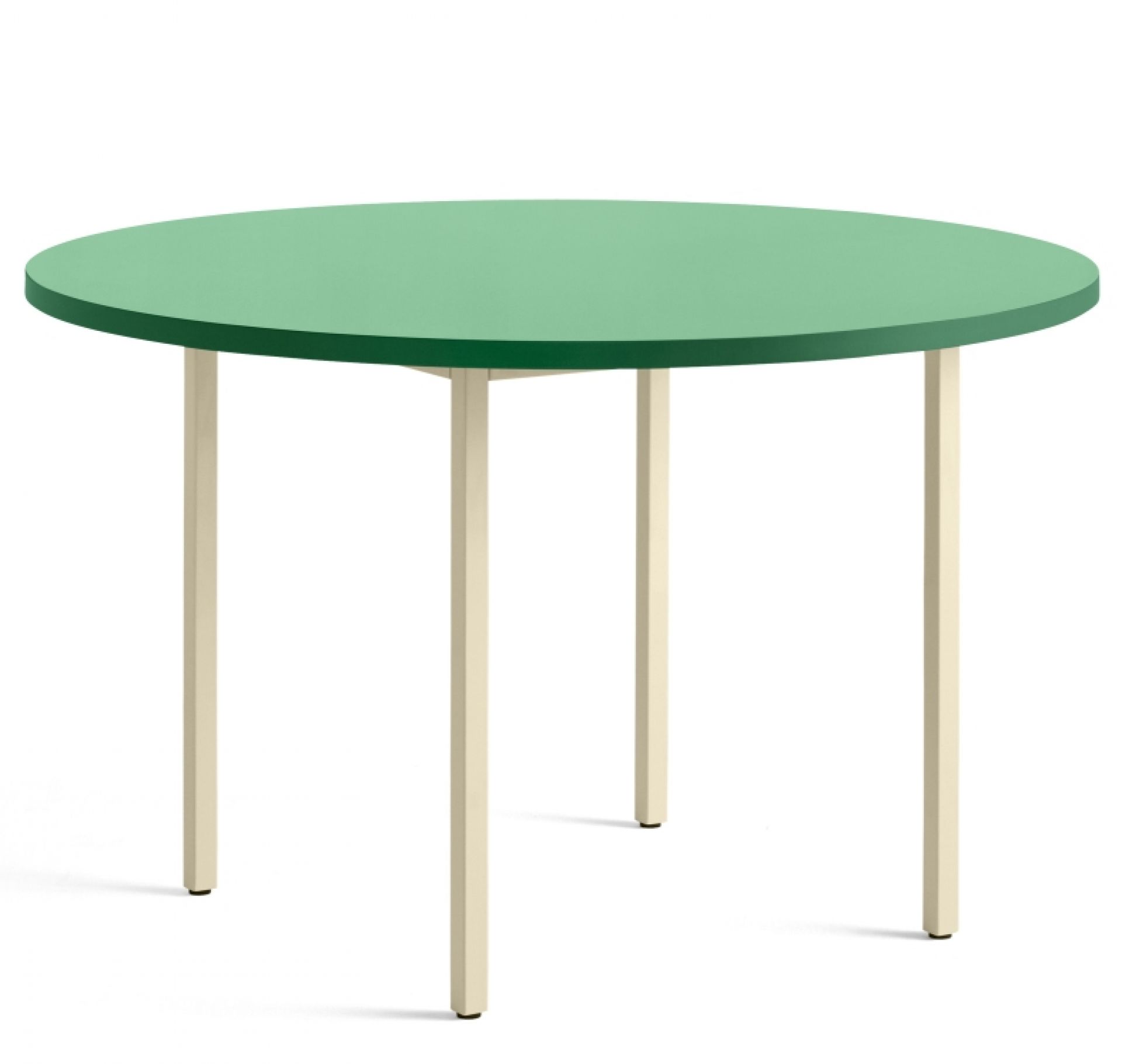 Hay Two Colour Table: Runder Esstisch mit mintgrüner Tischplatte und elfenbeinfarbenen Beinen, modernes Design.