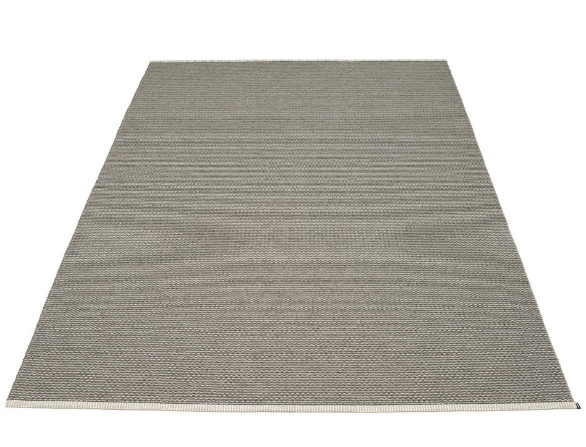 Grauer Pappelina Mono Kunststoffteppich, 230x320 cm, mit feiner Webstruktur und hellem Rand. Strapazierfähiger Teppich für Innen und Außen.