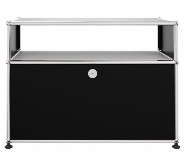 USM Haller Beistellmöbel graphitschwarz mit Schublade und offenem Fach, modernes Design für Wohnzimmer und Büro.