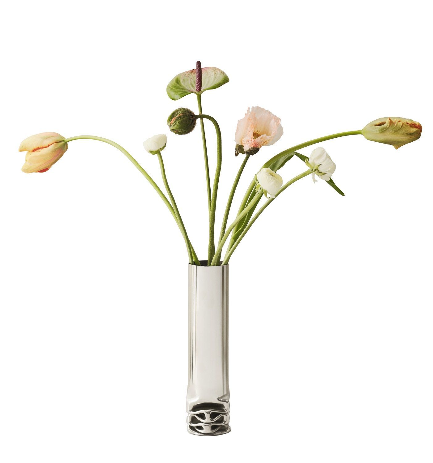 Silberne Hydraulic Vase von Design House Stockholm mit Blumenarrangement, moderne Blumenvase für Wohnaccessoires.