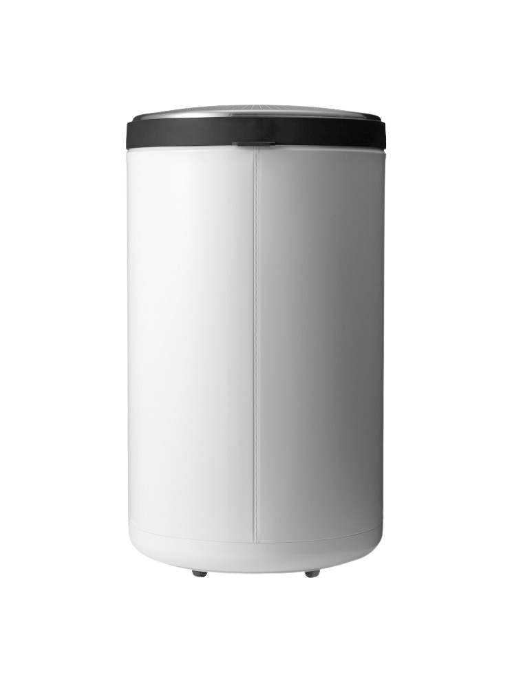 Weißer Vipp Wäschekorb mit schwarzem Deckel, zylindrisches Design für Badezimmer oder Waschküche.