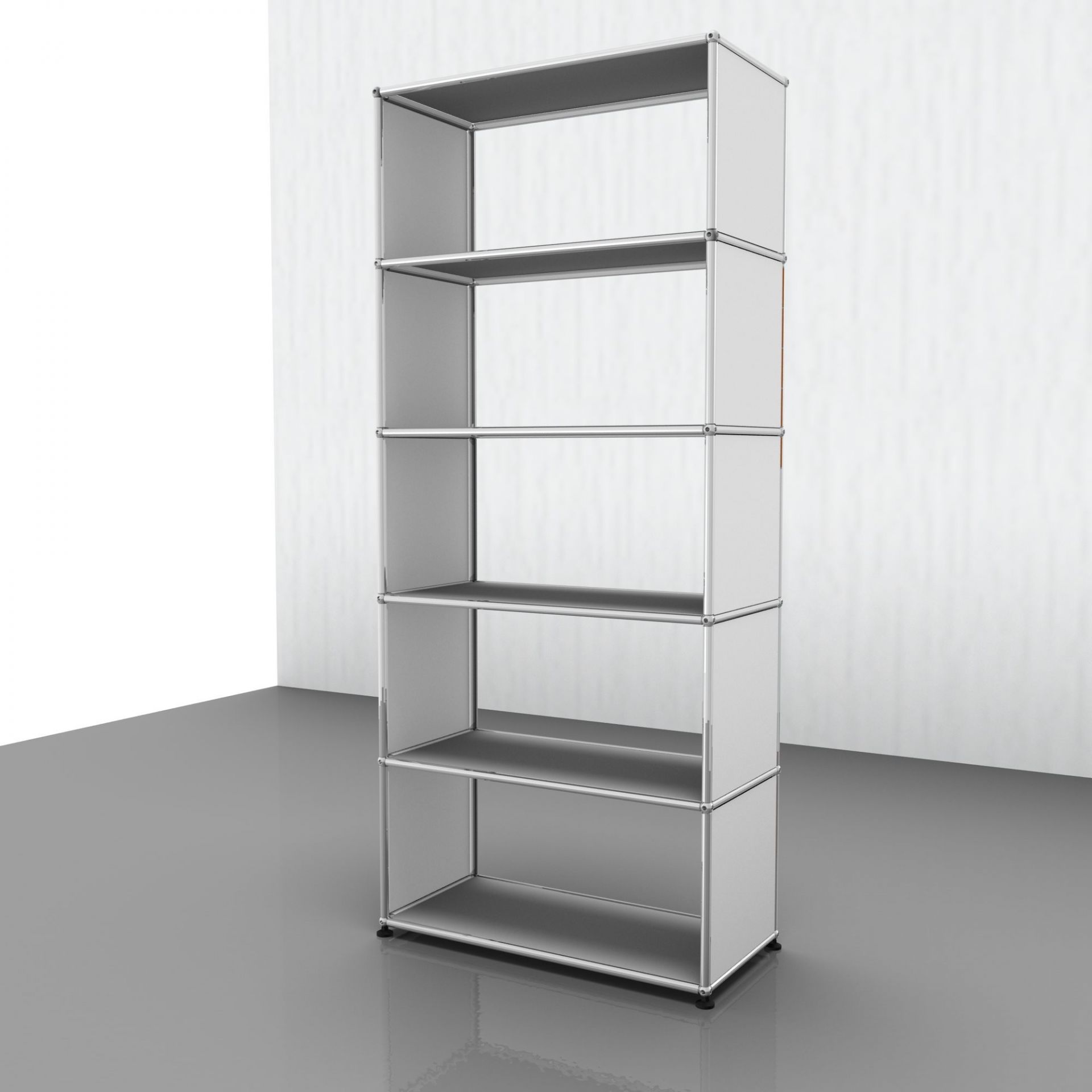 USM Haller Regal in Reinweiß mit fünf Fächern, modernes modulares Design für Wohnen und Büro.