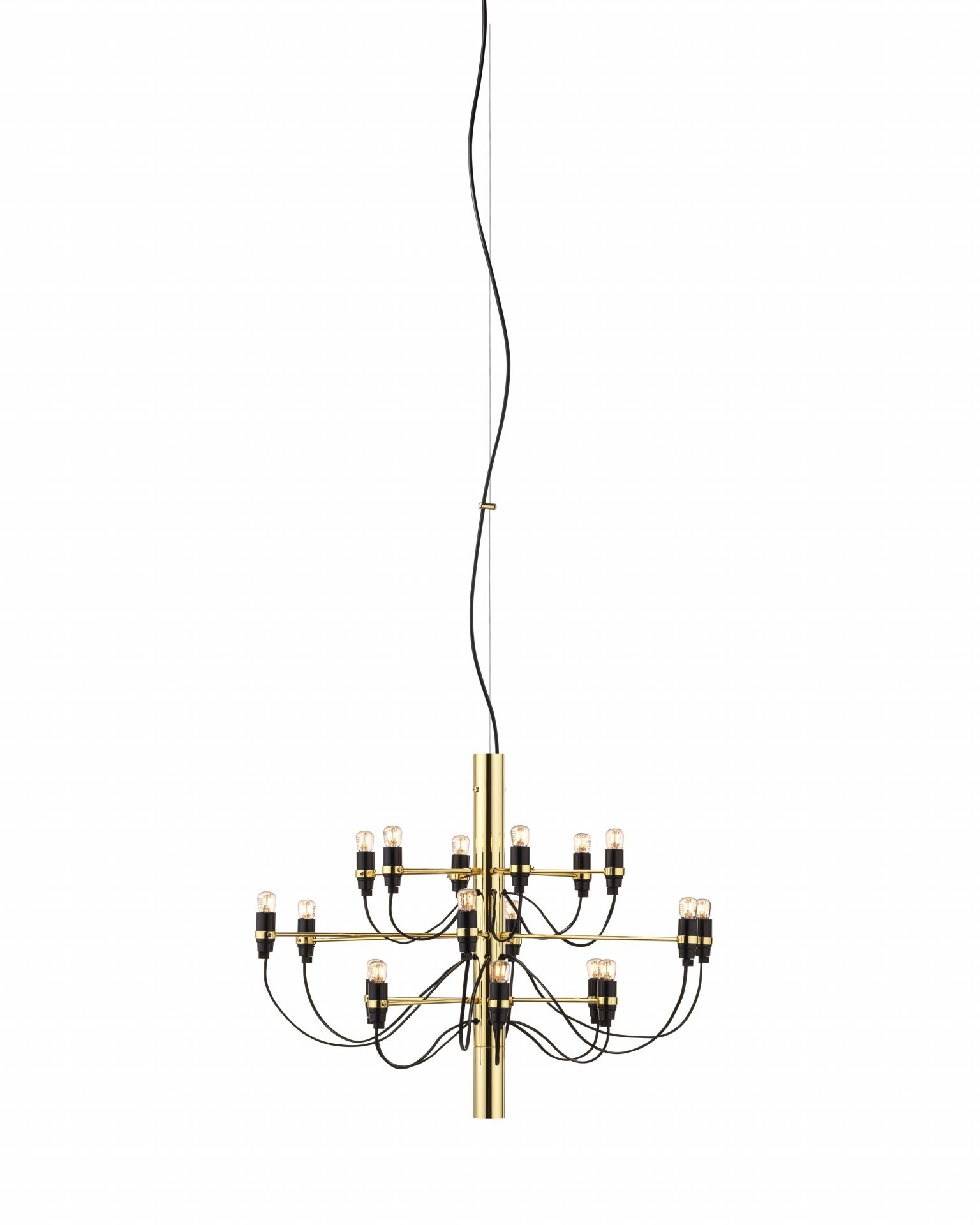 Flos 2097/18 Kronleuchter aus Messing mit klaren Glühbirnen, moderne Deckenleuchte für stilvolle Innenräume.